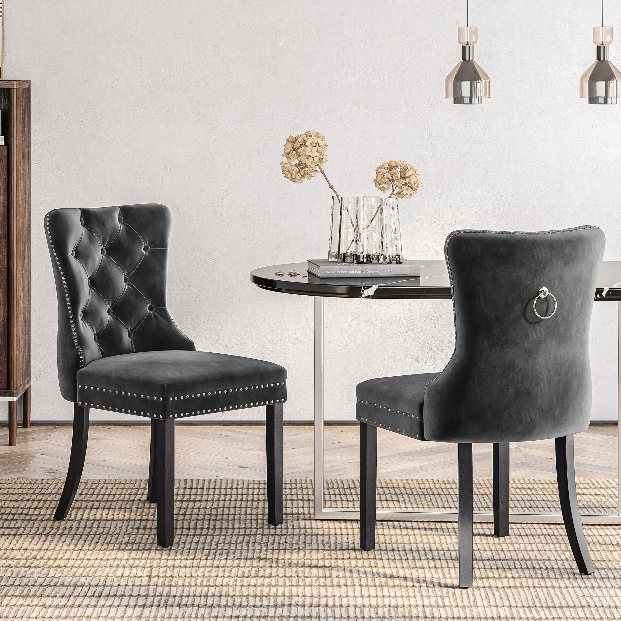 Velvet Upholstered Dining Chairs Set of 2 (Grey)