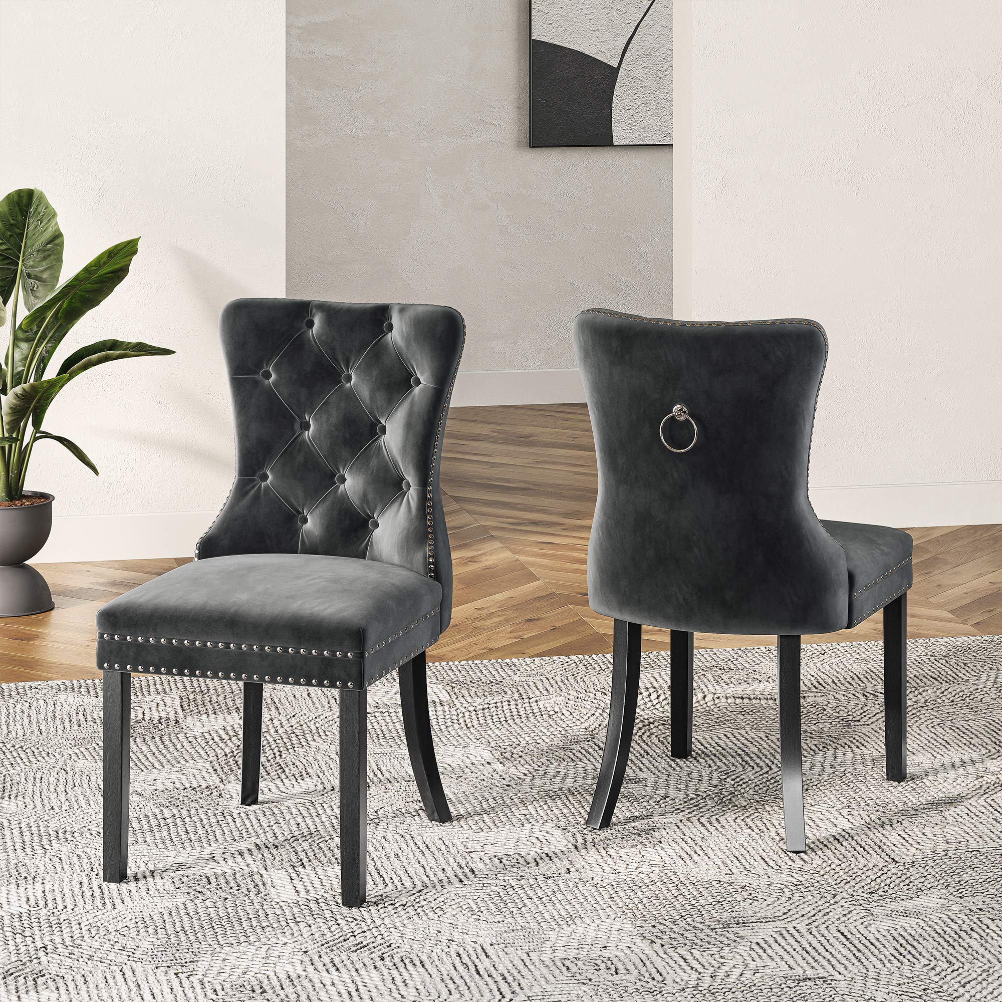 Velvet Upholstered Dining Chairs Set of 2 (Grey)