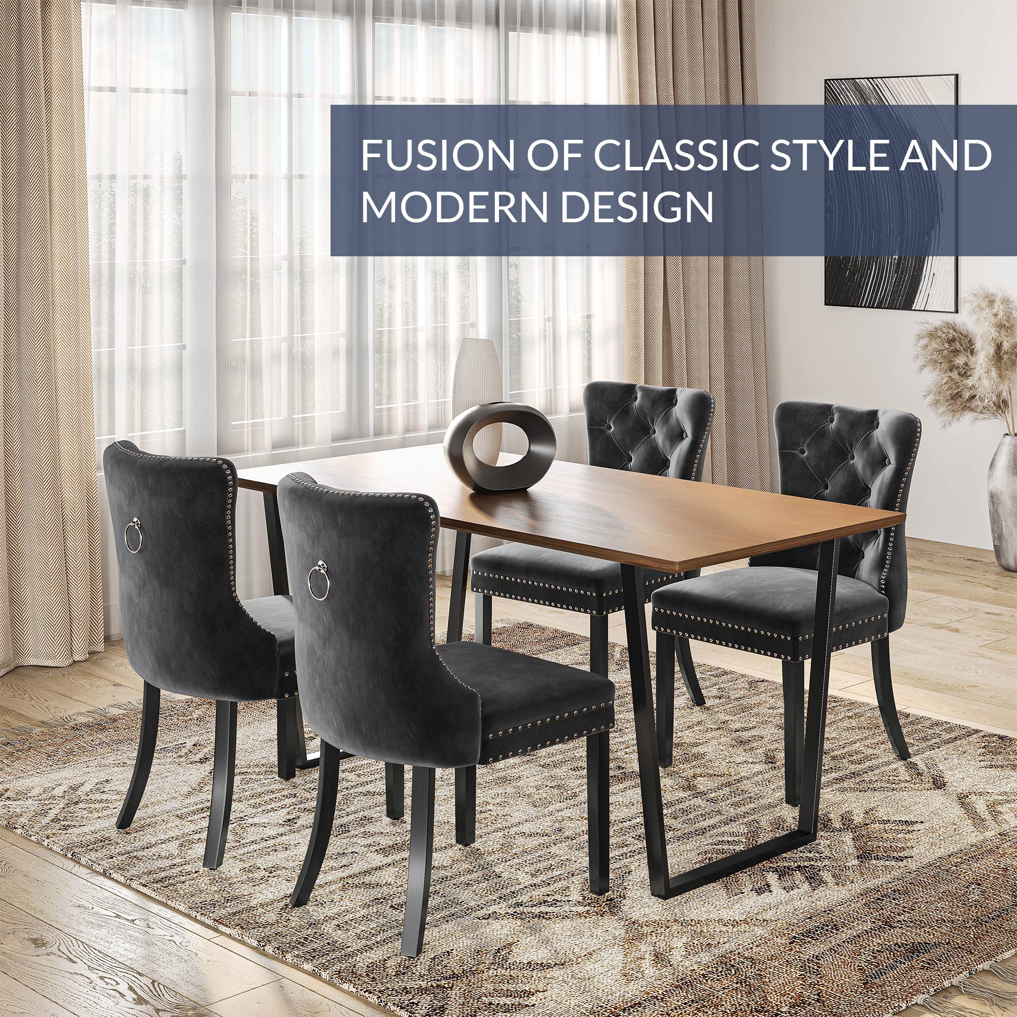 Velvet Upholstered Dining Chairs Set of 2 (Grey)