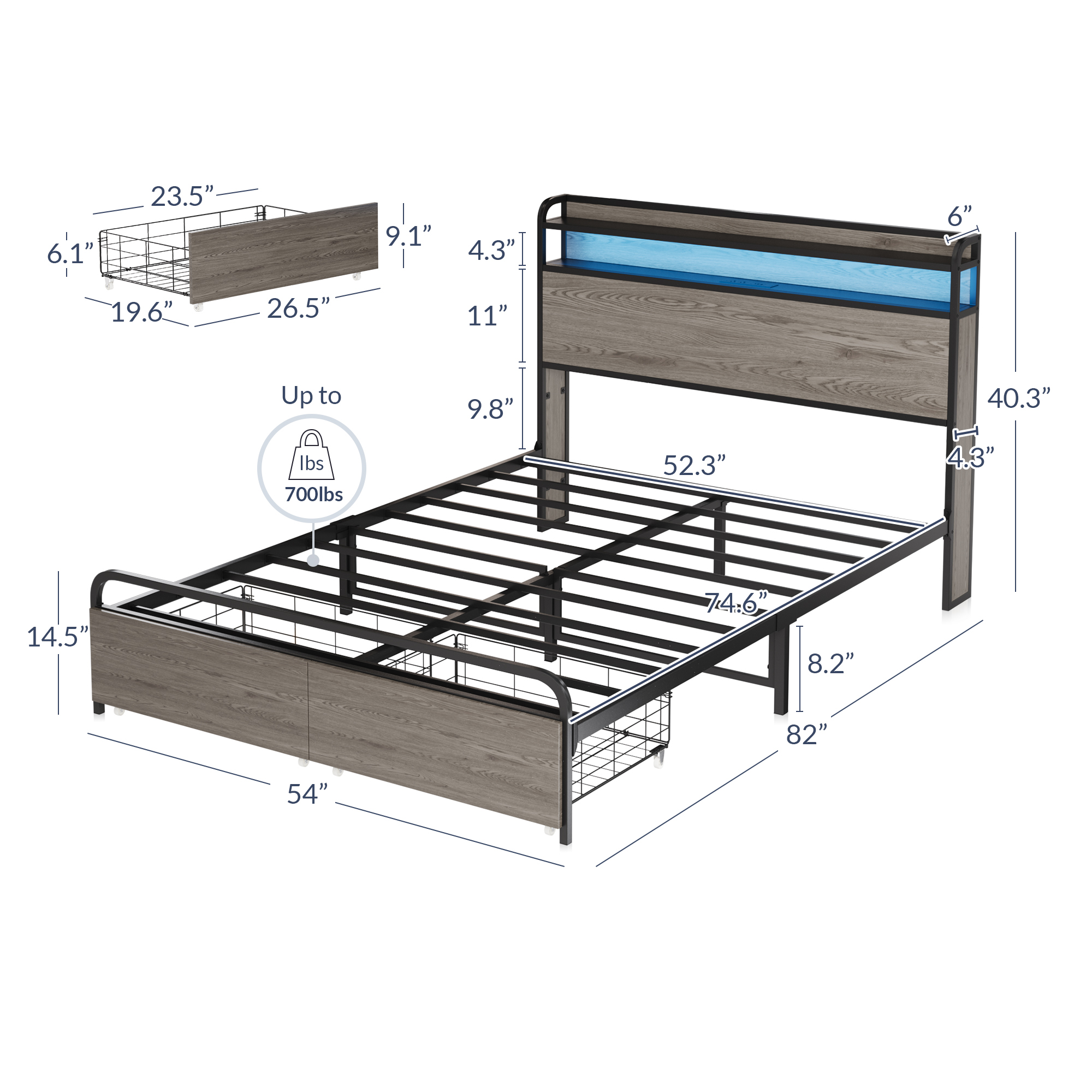 Full/Queen Size Bed Frame with Storage Drawers and LED Lights