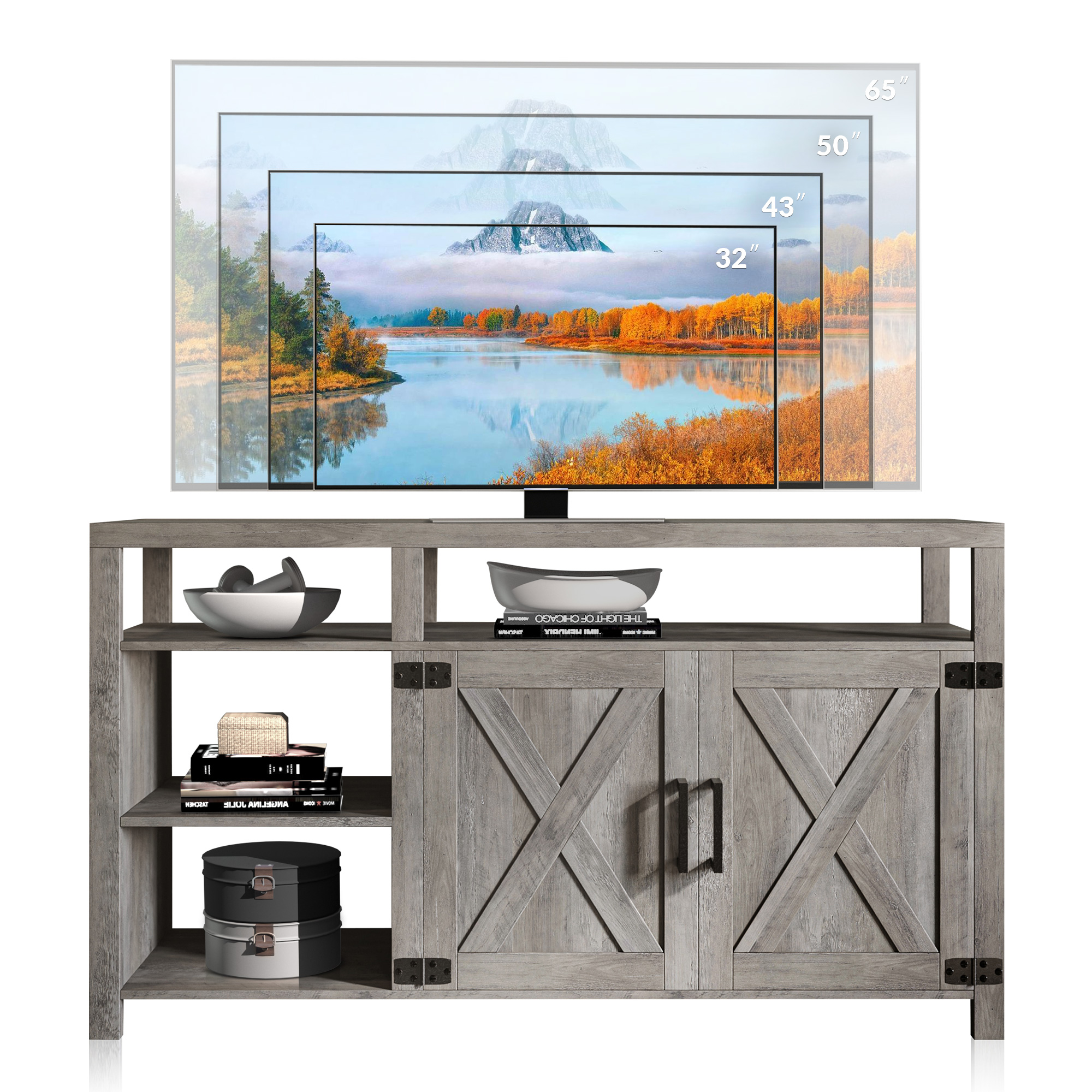 58" Farmhouse TV Stand for TVs Up to 65" with Barn Doors & Shelves