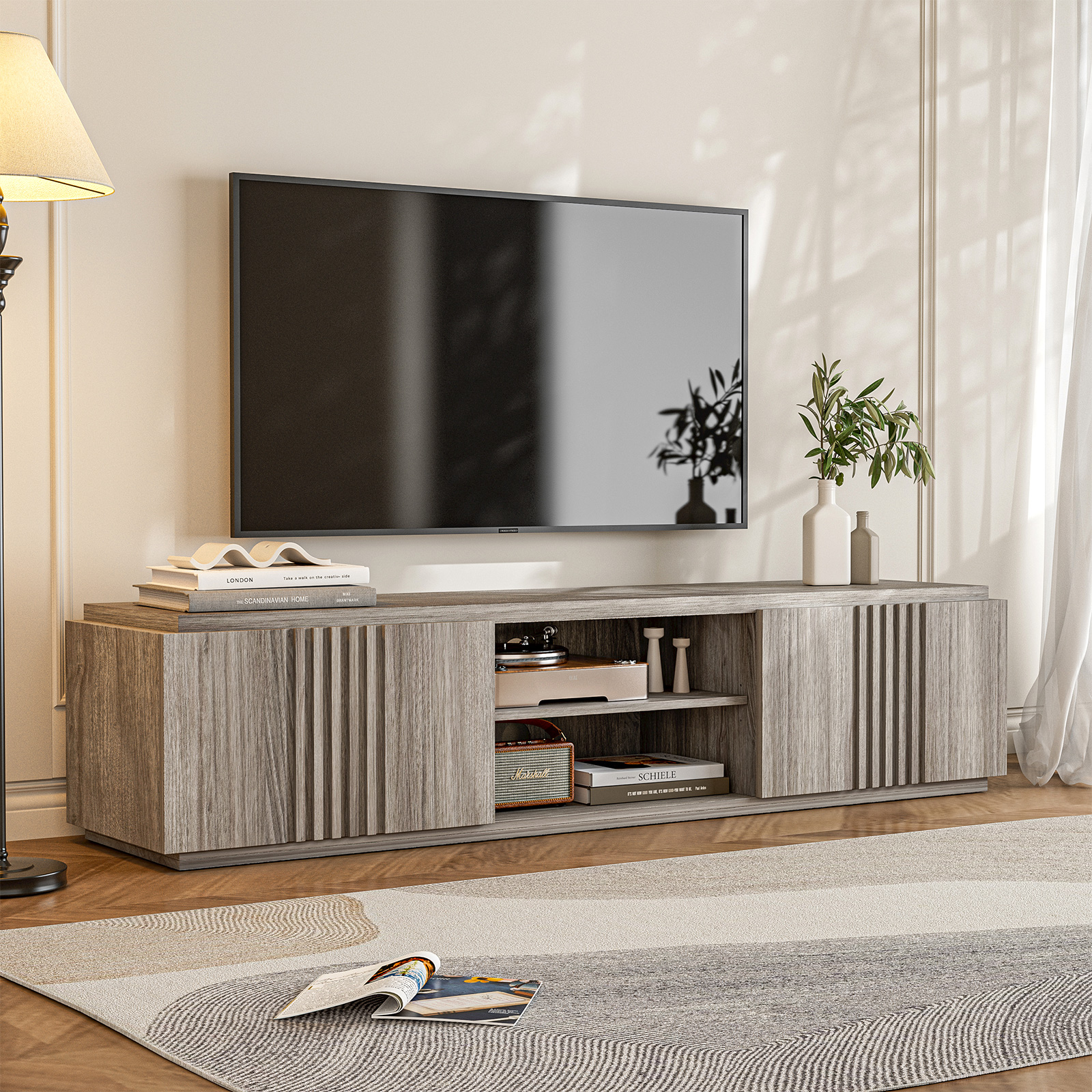 For Tvs Up To 75", With Oversize Drawers And Open Shelves