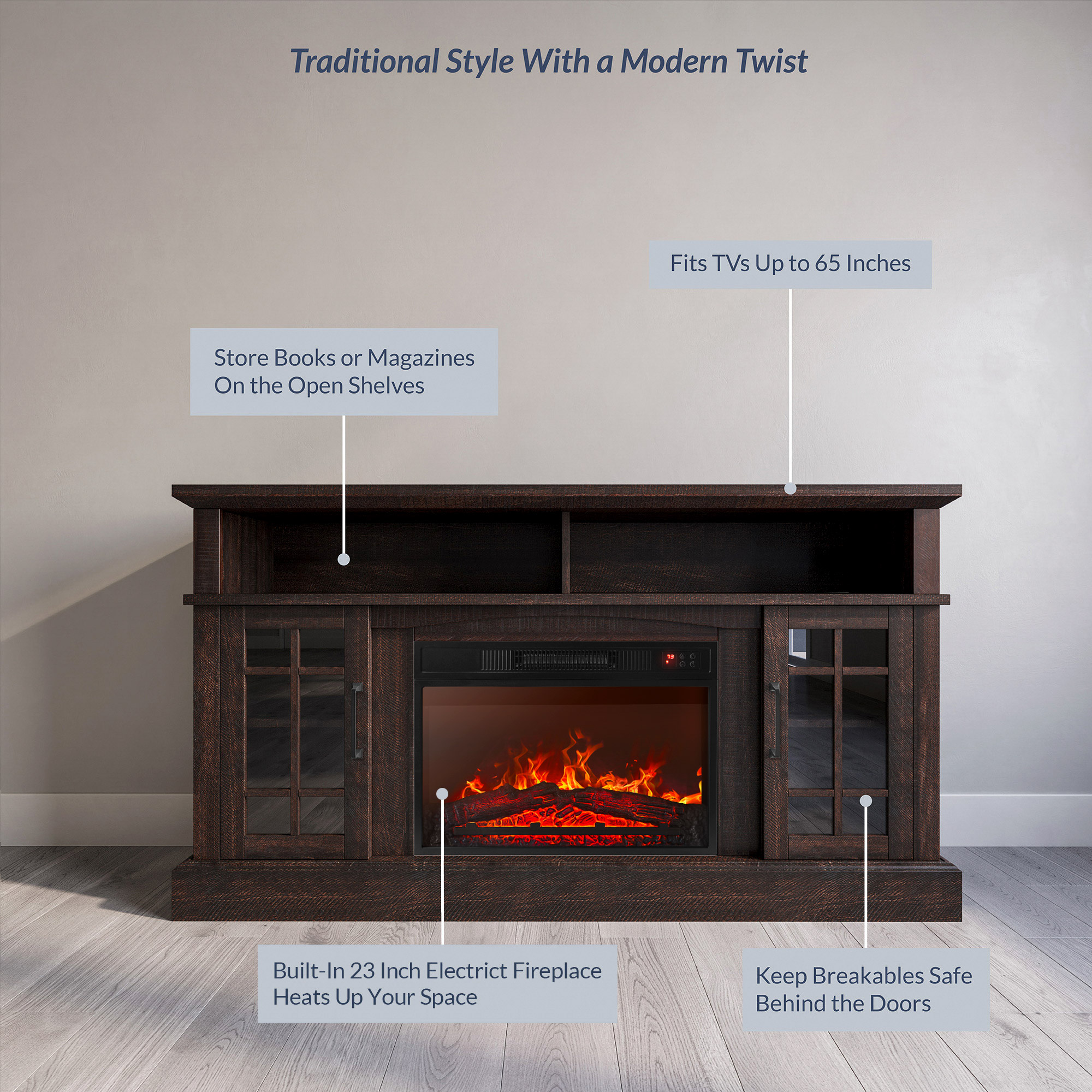 58" TV Stand Console For TVs up to 65" w/ 23" Fireplace - Picture 16 of 55