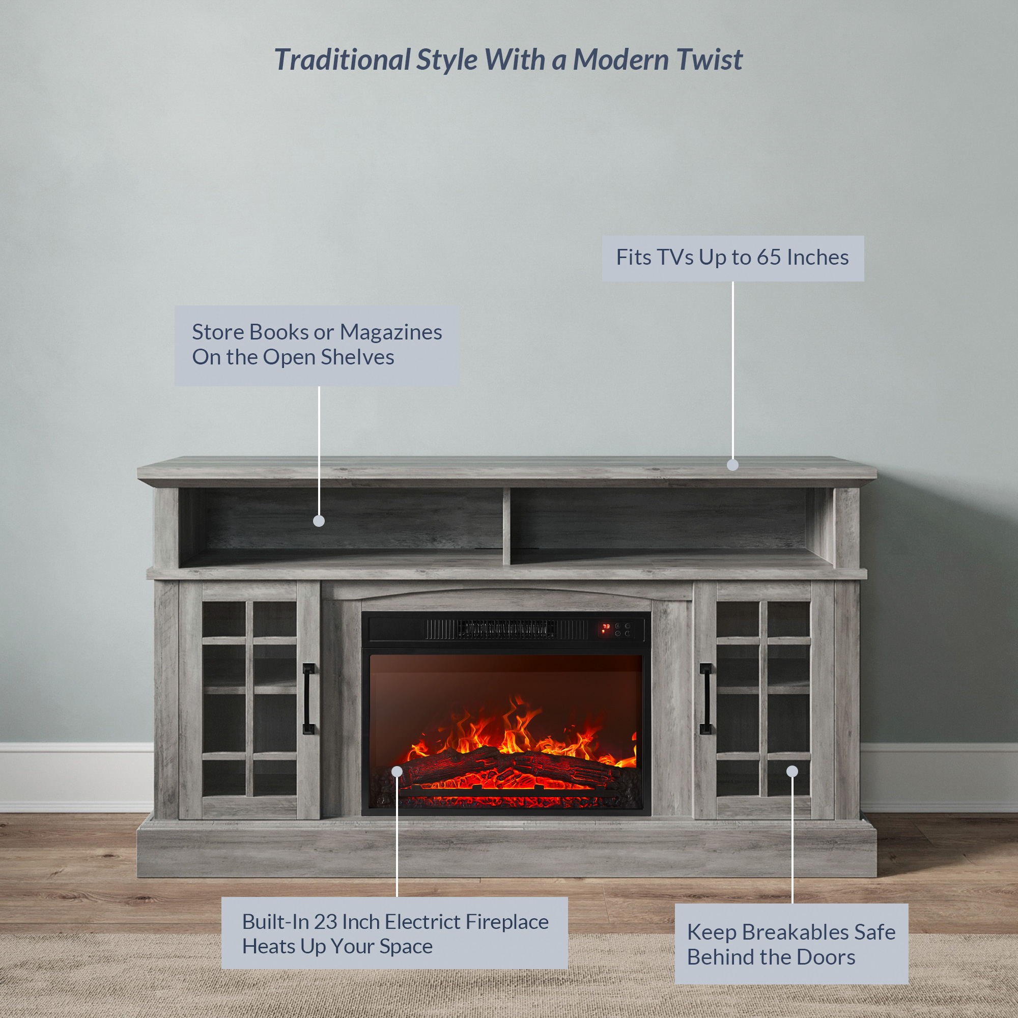 58" TV Stand Console For TVs up to 65" w/ 23" Fireplace - Picture 24 of 55