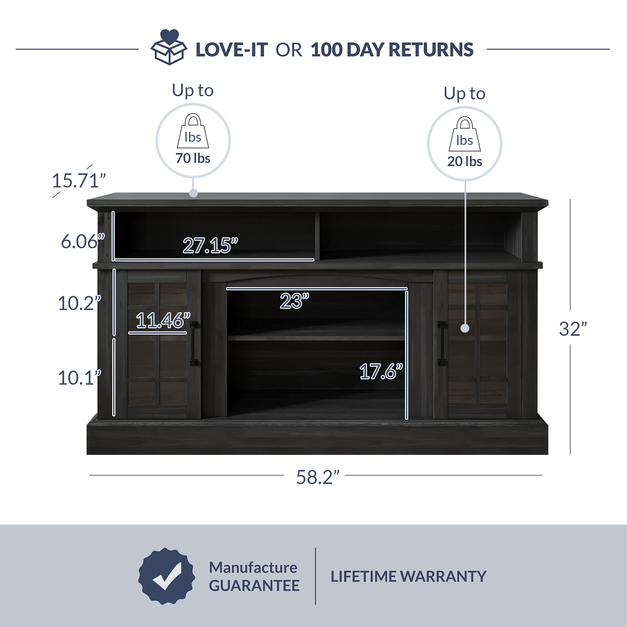 58" TV Stand Console For TVs up to 65" w/ 23" Fireplace - Picture 40 of 55