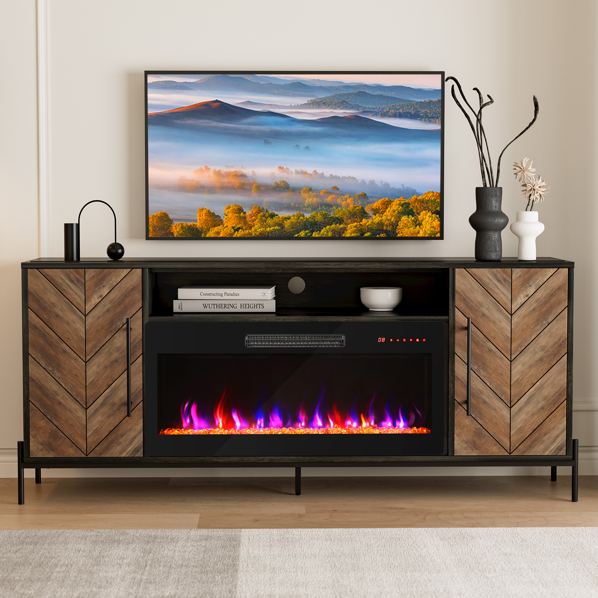 68" Wood TV Stand with 36" Electric Fireplace, Console Table for TVs up to 75" - Picture 10 of 34