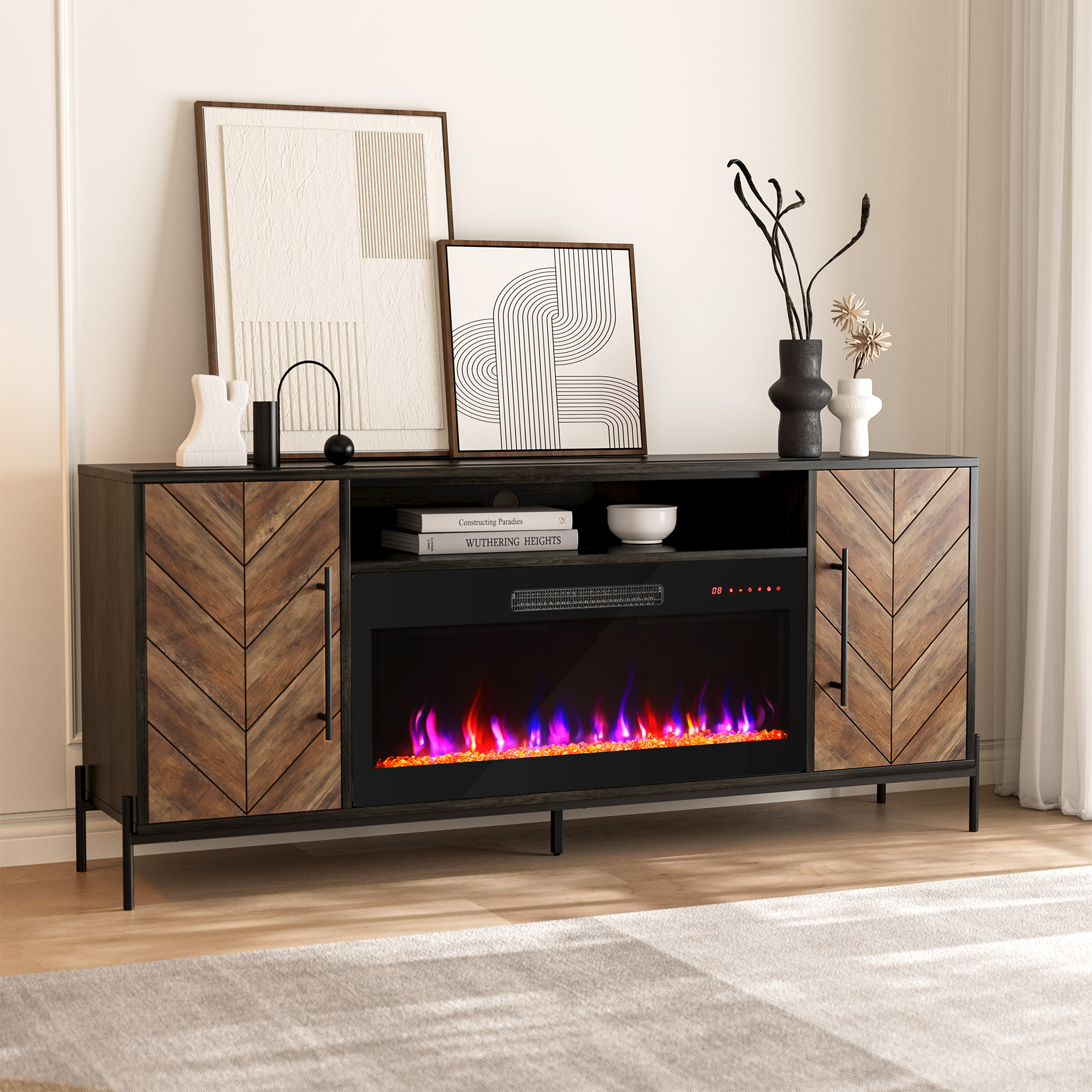 68" Wood TV Stand with 36" Electric Fireplace, Console Table for TVs up to 75" - Picture 11 of 34