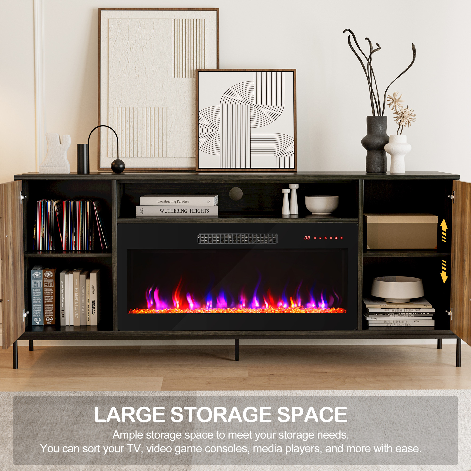 68" Wood TV Stand with 36" Electric Fireplace, Console Table for TVs up to 75" - Picture 13 of 34