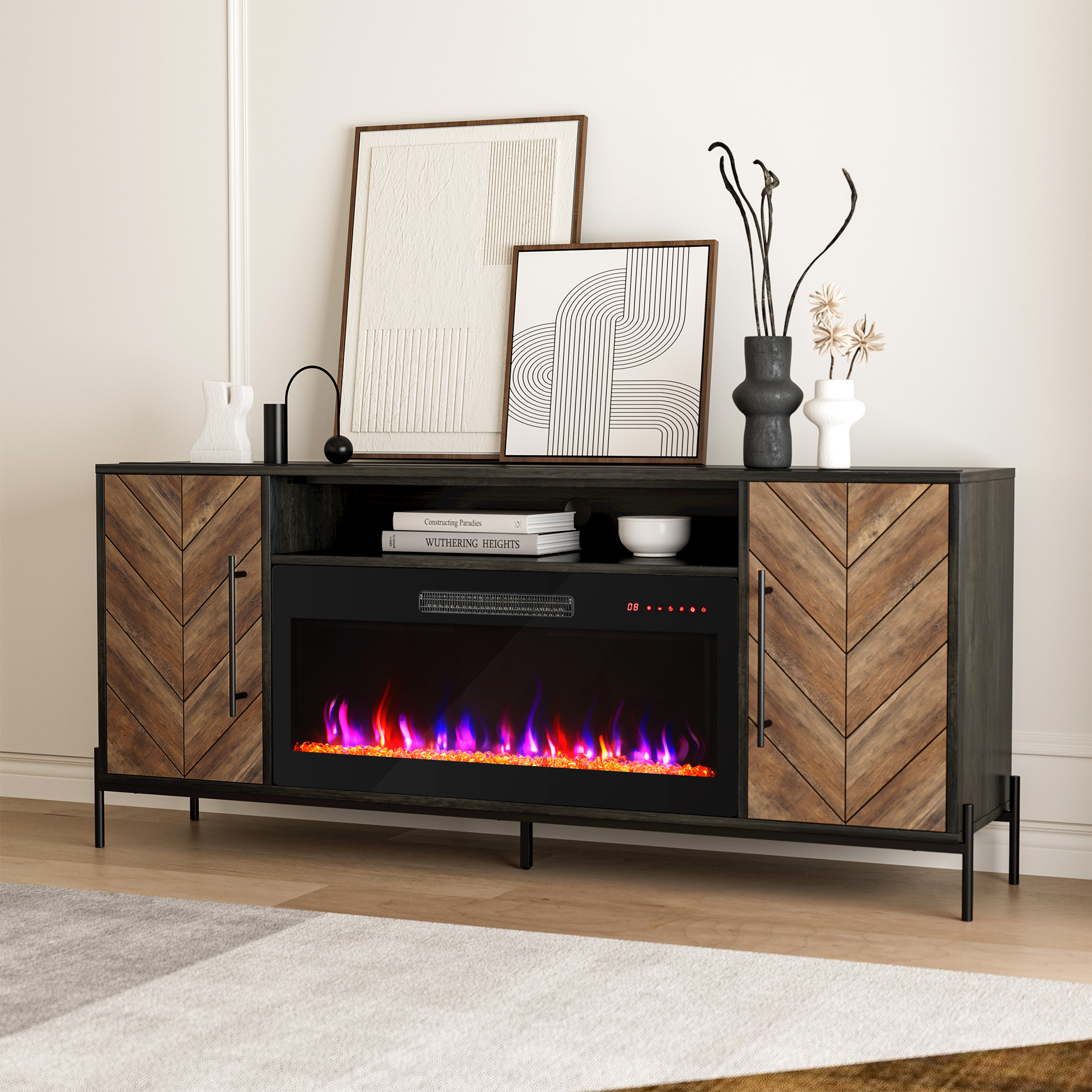 68" Wood TV Stand with 36" Electric Fireplace, Console Table for TVs up to 75"