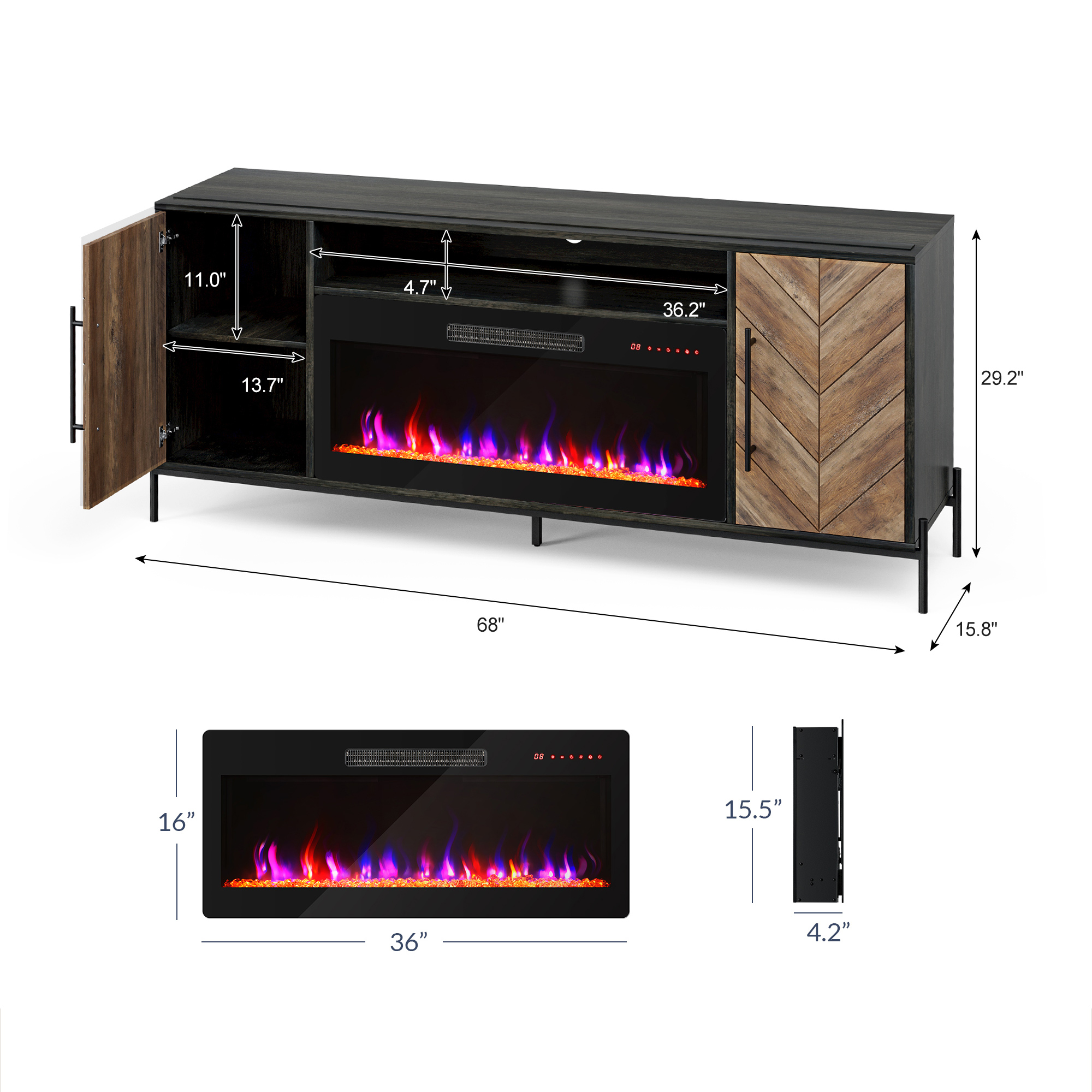 68" Wood TV Stand with 36" Electric Fireplace, Console Table for TVs up to 75" - Picture 17 of 34