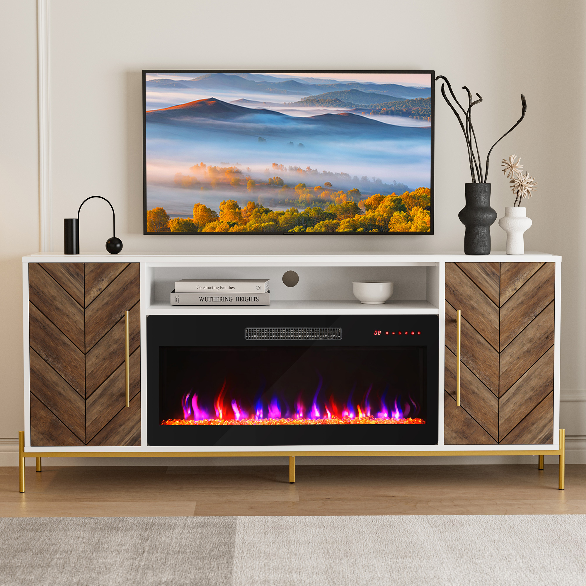 68" Wood TV Stand with 36" Electric Fireplace, Console Table for TVs up to 75" - Picture 26 of 34