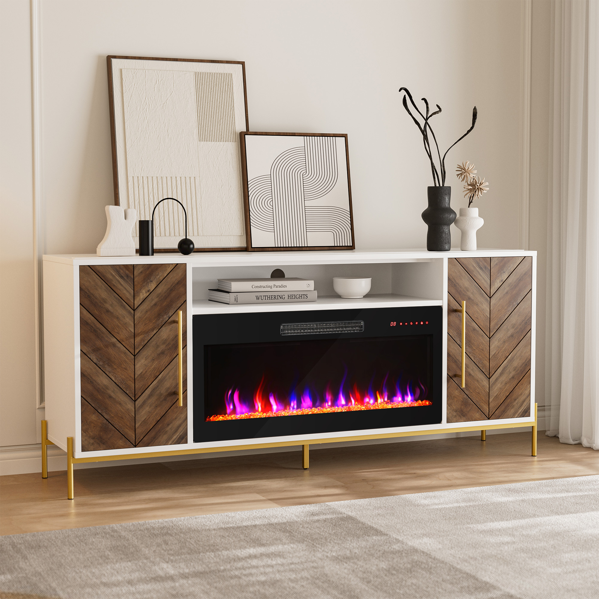 68" Wood TV Stand with 36" Electric Fireplace, Console Table for TVs up to 75" - Picture 27 of 34