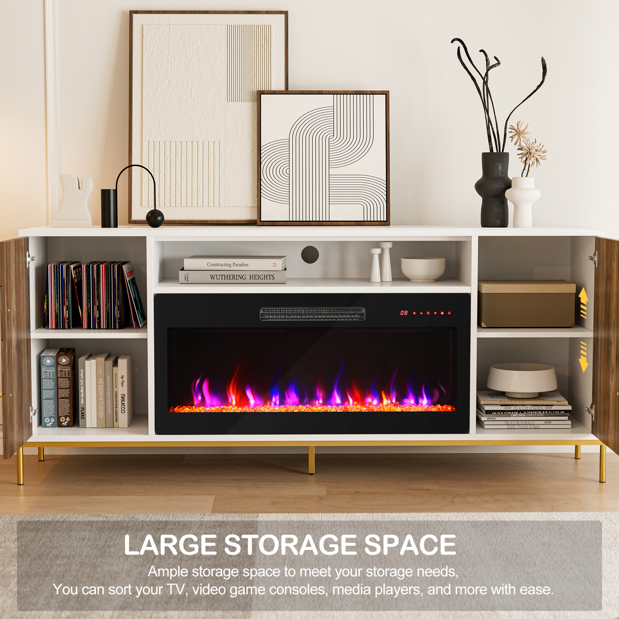 68" Wood TV Stand with 36" Electric Fireplace, Console Table for TVs up to 75" - Picture 29 of 34