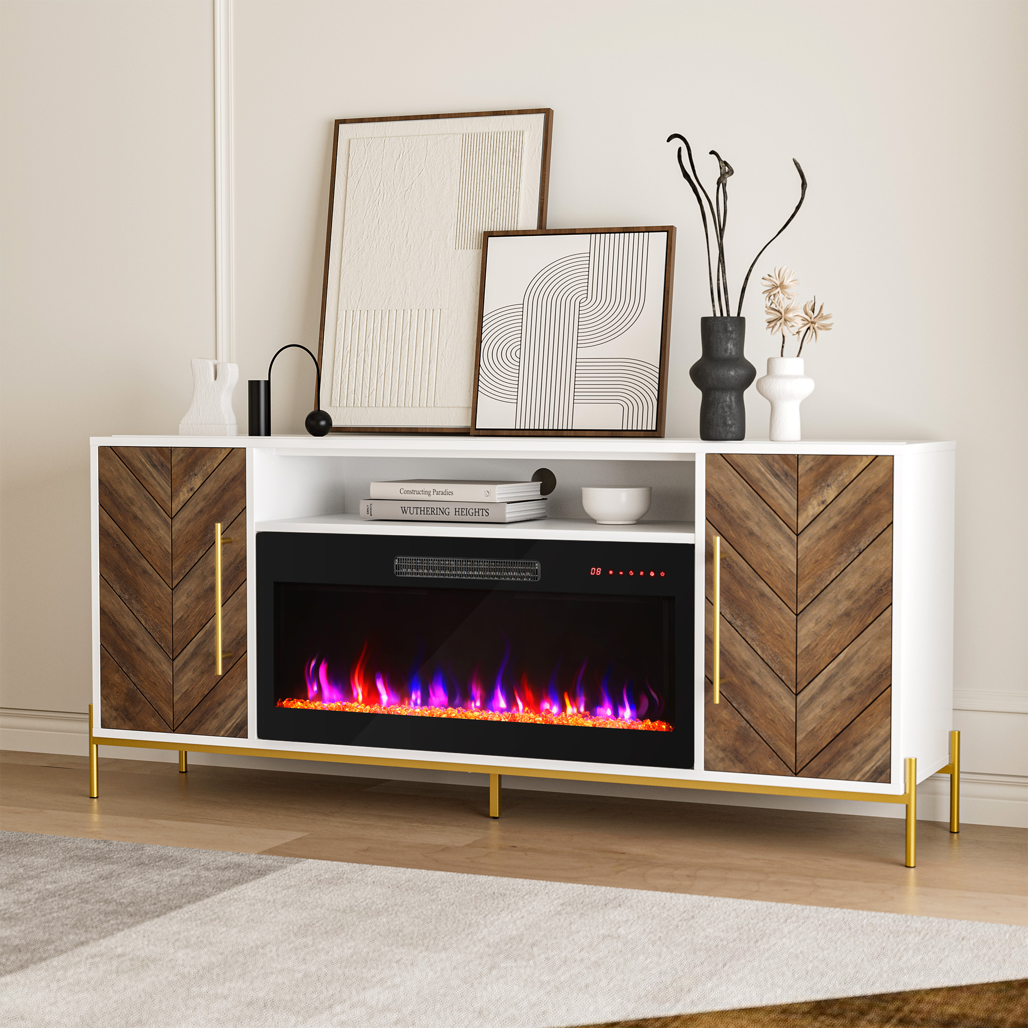 68" Wood TV Stand with 36" Electric Fireplace, Console Table for TVs up to 75" - Picture 34 of 34