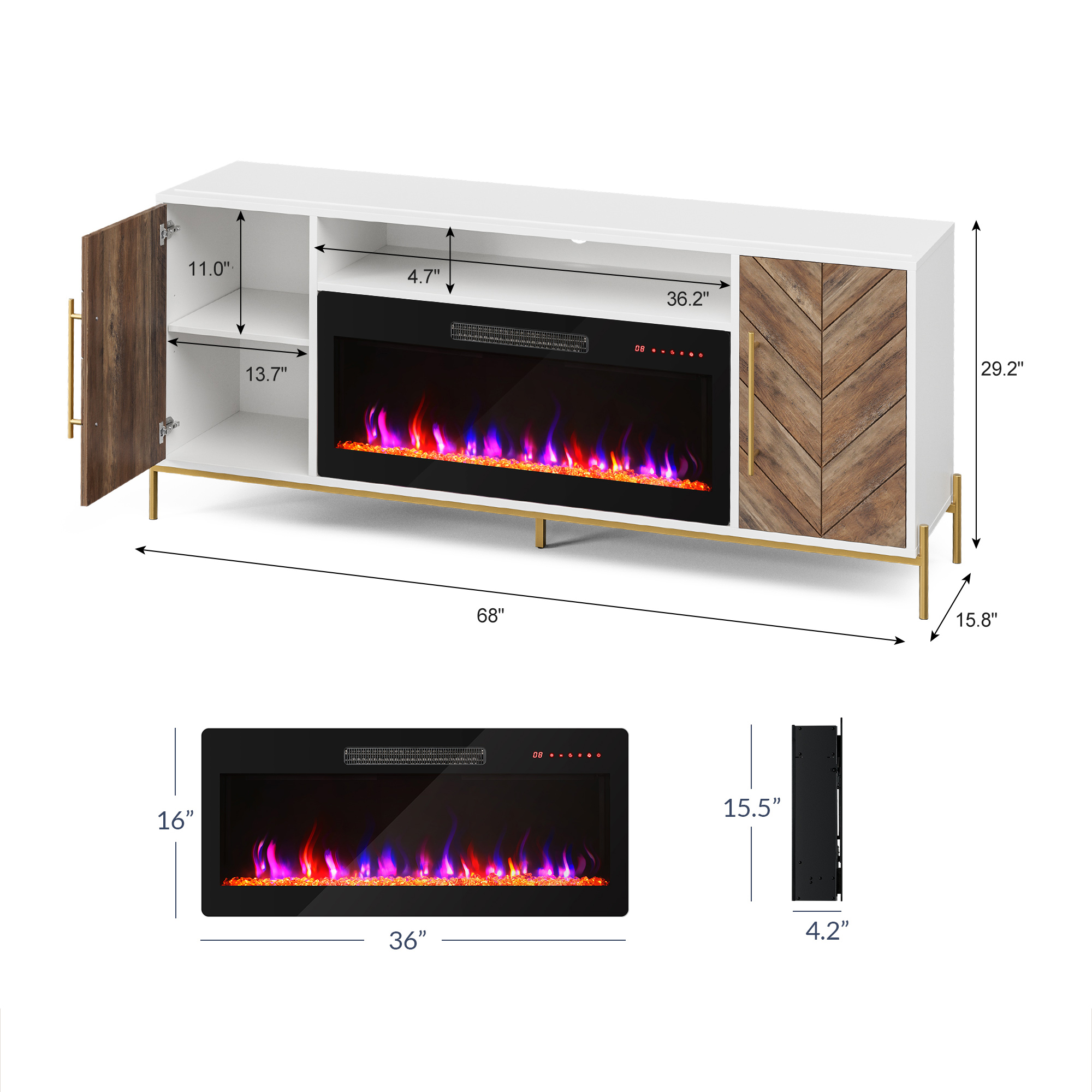 68" Wood TV Stand with 36" Electric Fireplace, Console Table for TVs up to 75" - Picture 33 of 34