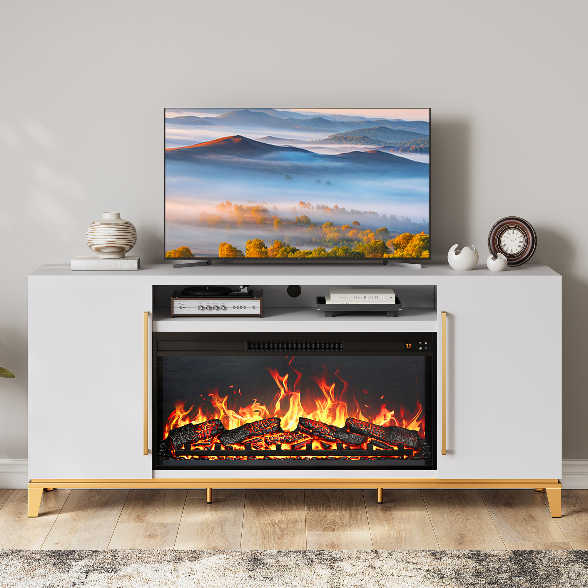 68" Wood TV Stand with 36" Electric Fireplace, Console Table for TVs up to 75" - Picture 22 of 34