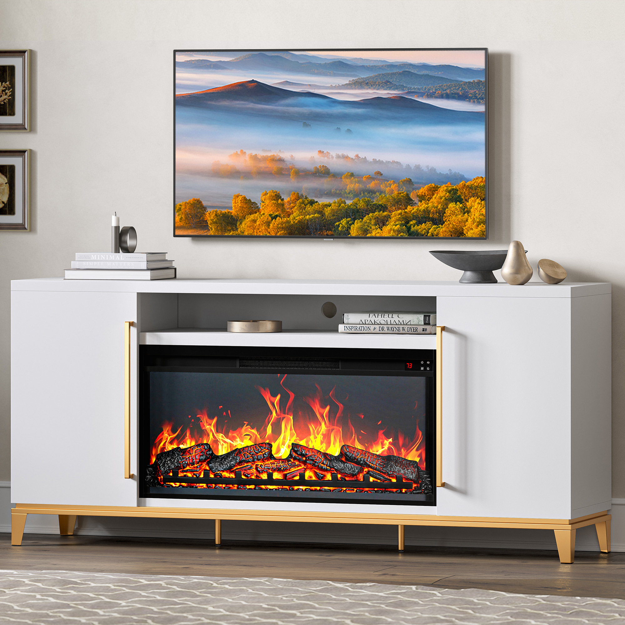 68" Wood TV Stand with 36" Electric Fireplace, Console Table for TVs up to 75" - Picture 18 of 34
