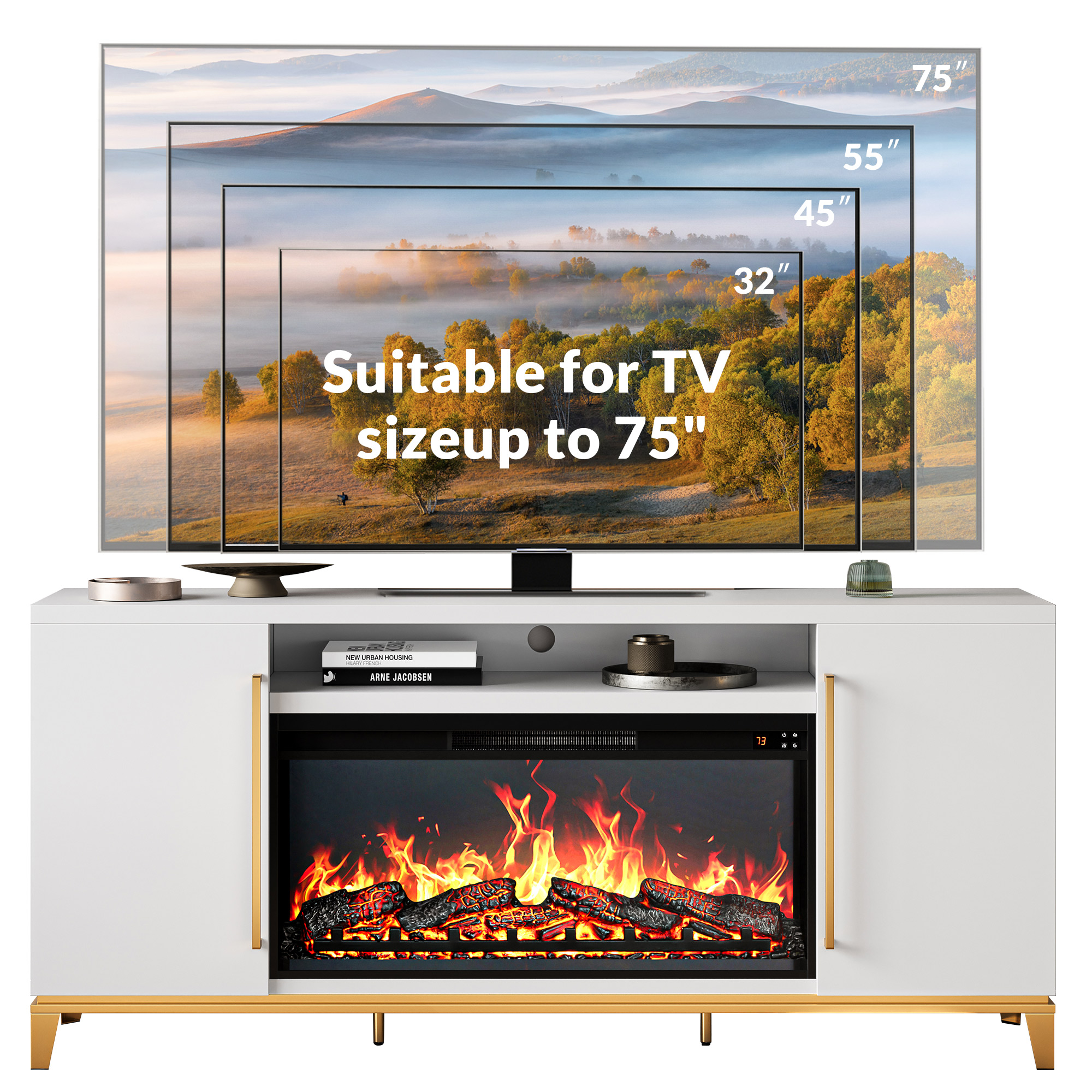 68" Wood TV Stand with 36" Electric Fireplace, Console Table for TVs up to 75" - Picture 24 of 34