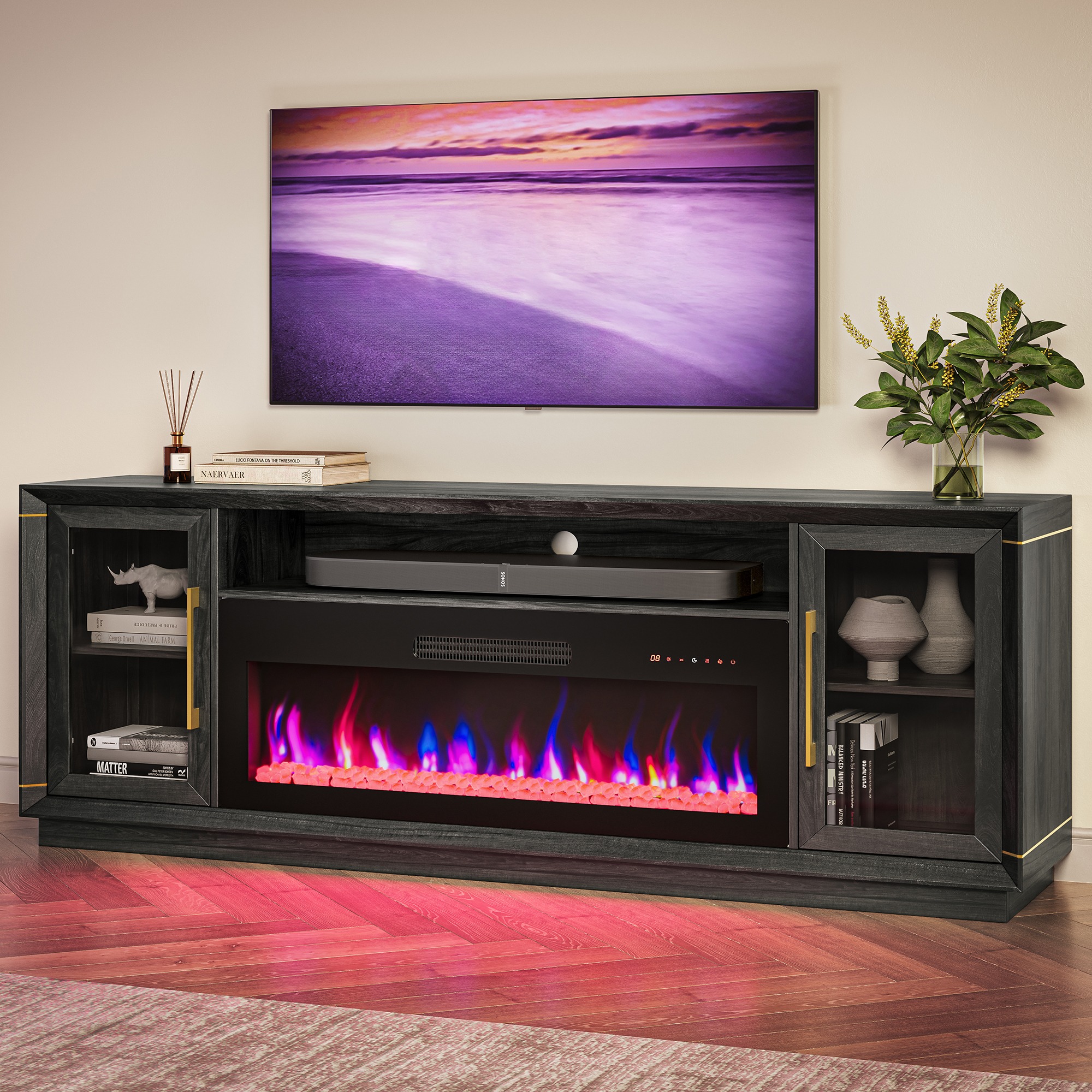 74"/70" LED Lighting Entertainment Center with Electric Fire