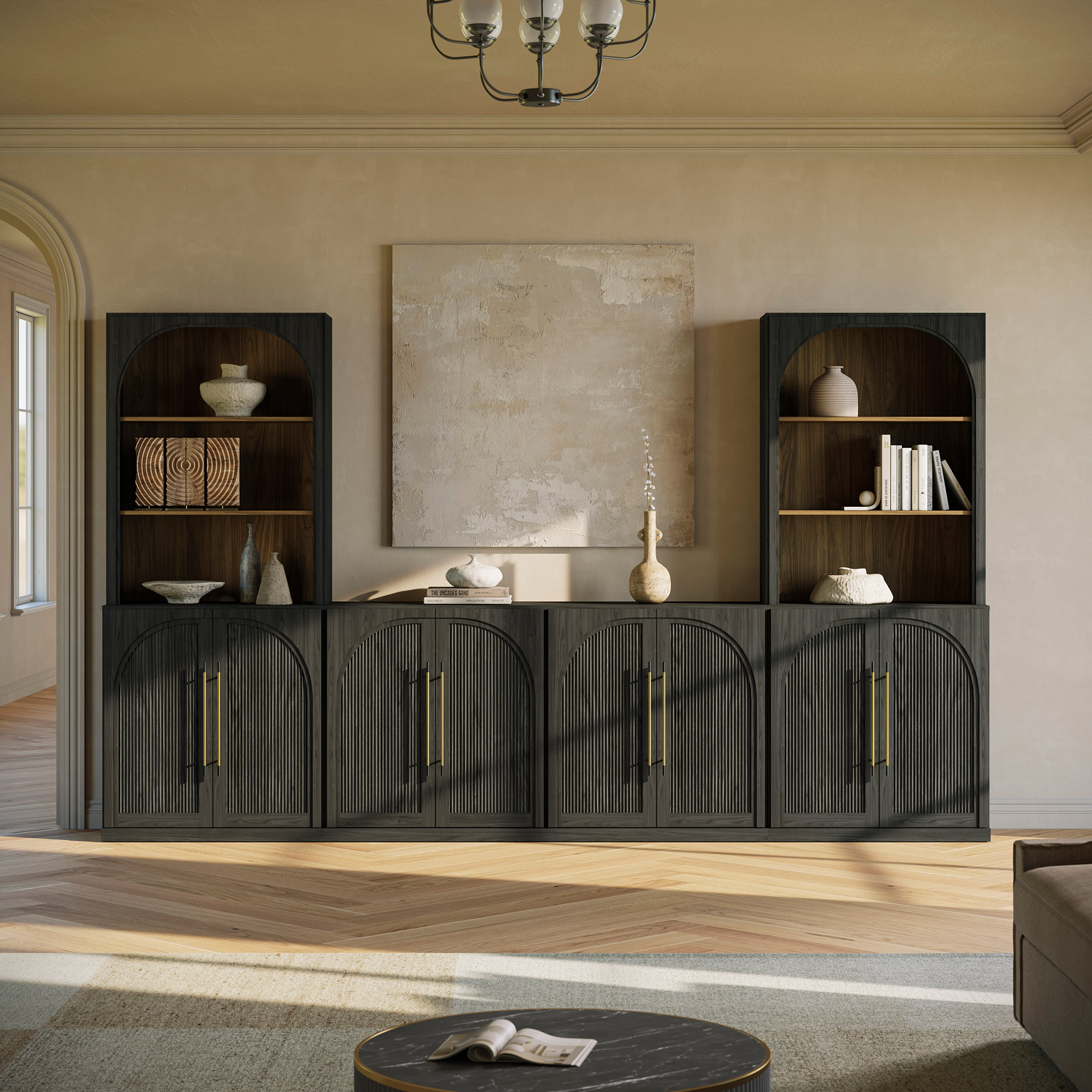 Different Modular TV Stand Set for Living Room, Camel/Ebony