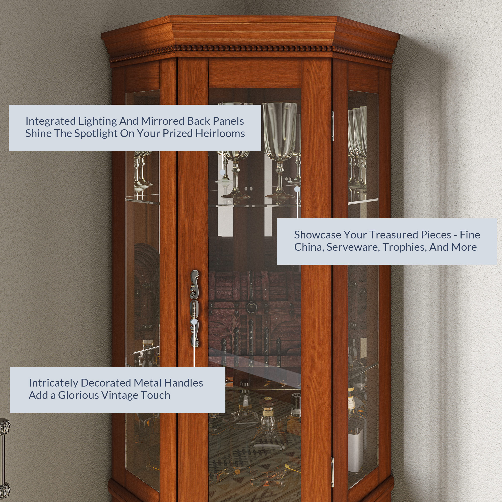 Lorona Floor Standing 5 Sided Lighted Corner Curio Cabinet - Picture 15 of 31