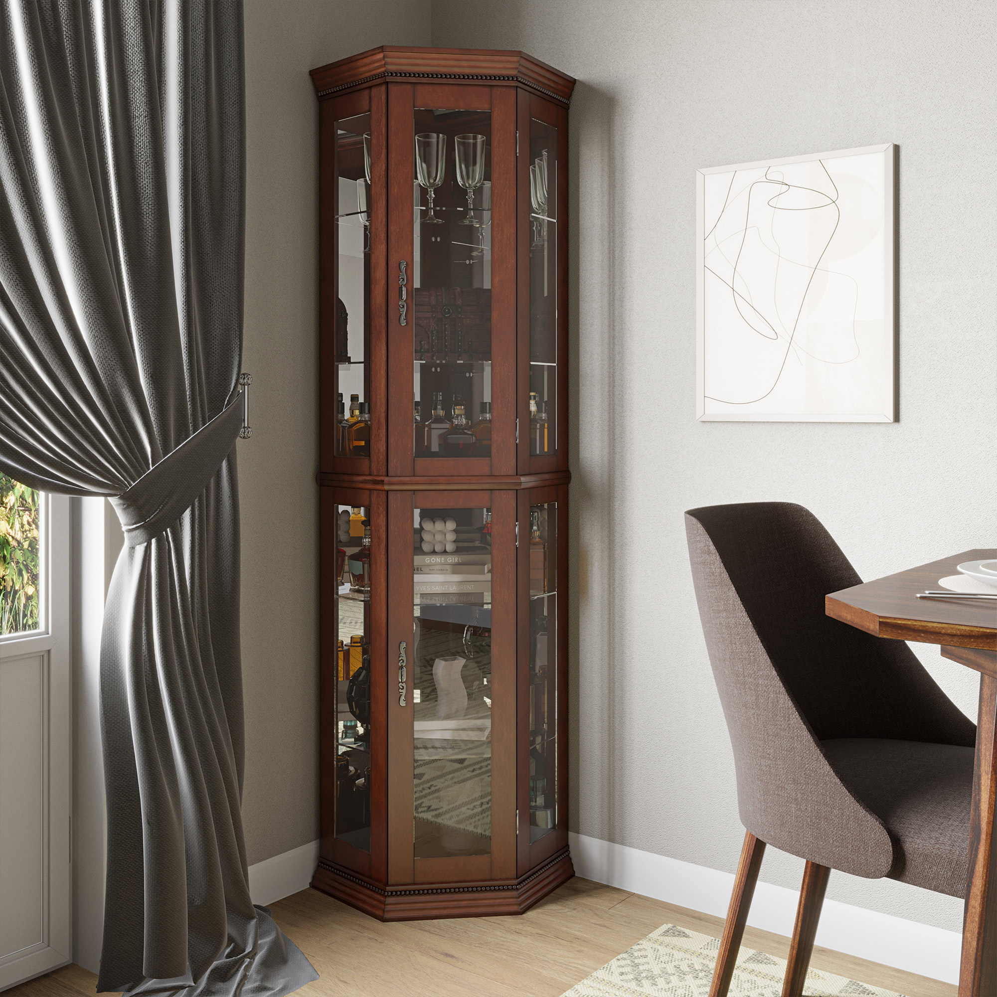Lorona Floor Standing 5 Sided Lighted Corner Curio Cabinet - Picture 21 of 31