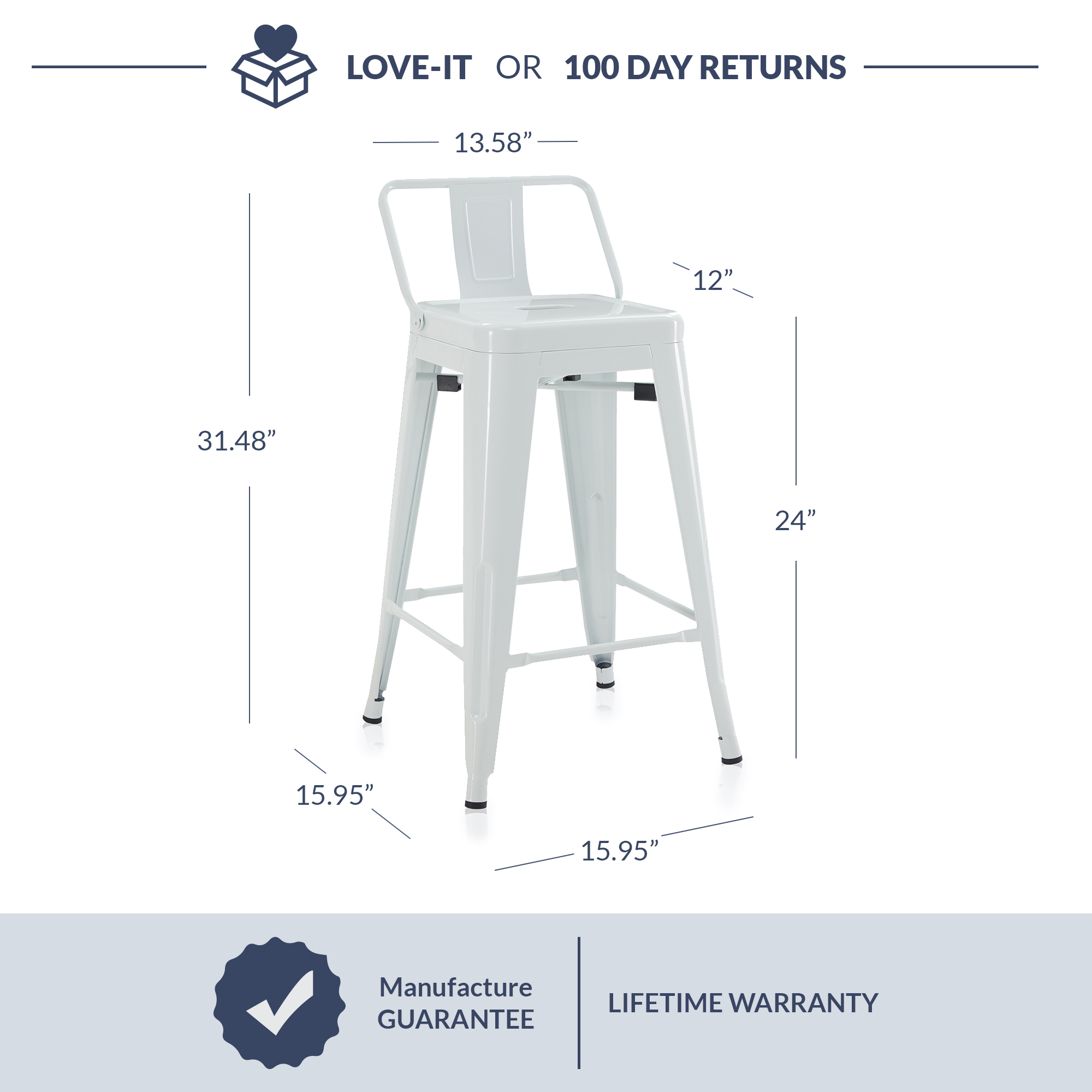 Set of 4pc Counter Height Stool with Low Backrest Footrest Home Kitchen, Silver