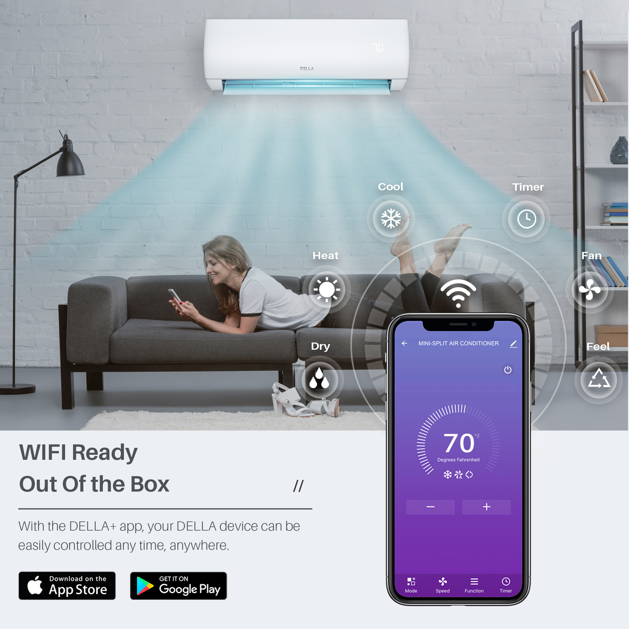 18000 BTU Wifi Enabled Mini Split AC with Heat Pump, 17 SEER 208-230V