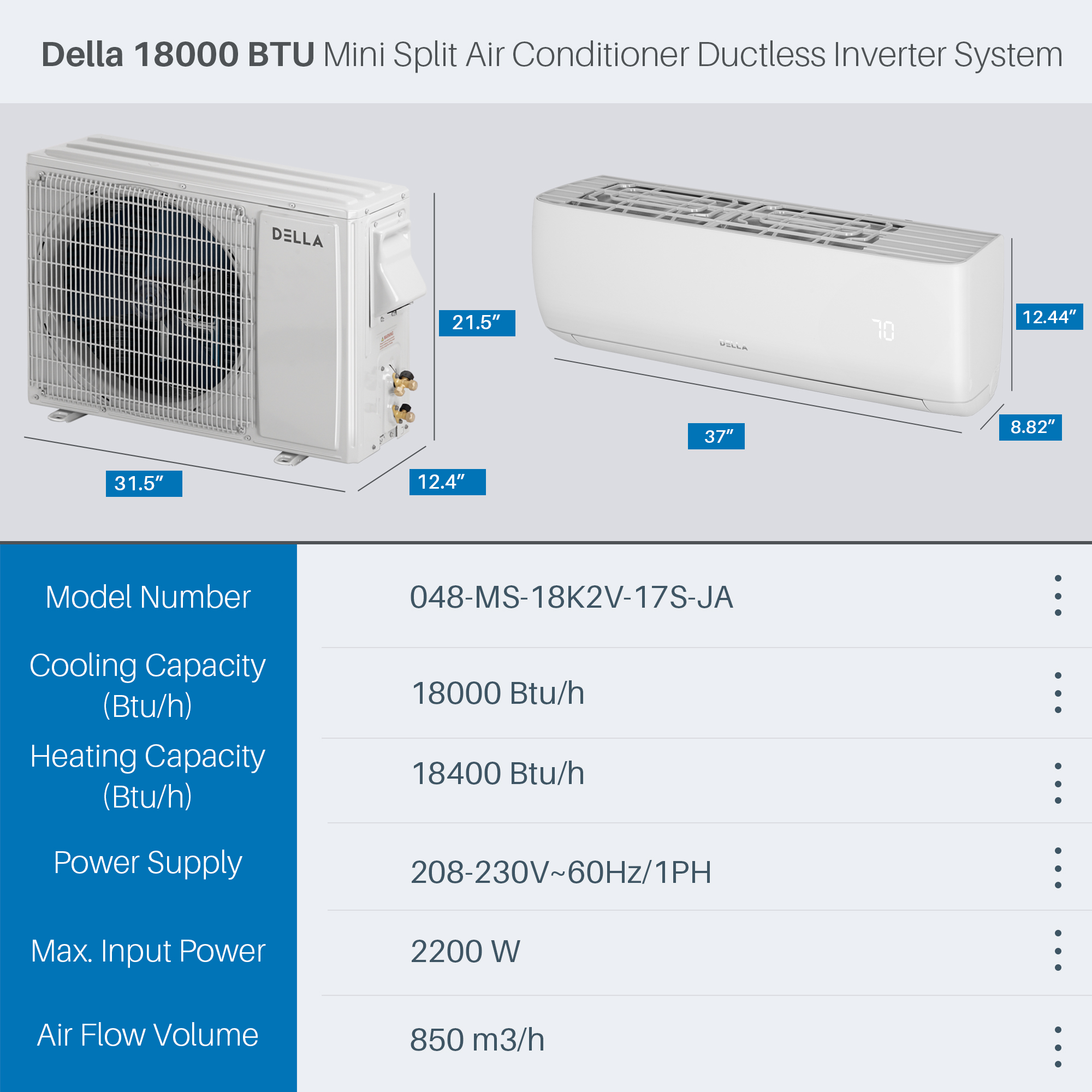 18000 BTU Wifi Enabled Mini Split AC with Heat Pump, 17 SEER 208-230V