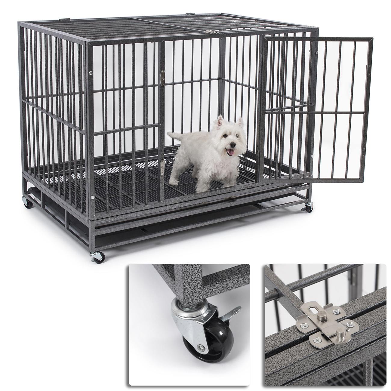 49" Dog Crate Kennel Silver Heavy Duty Pet Cage Playpen Tray Pan and Wheels eBay