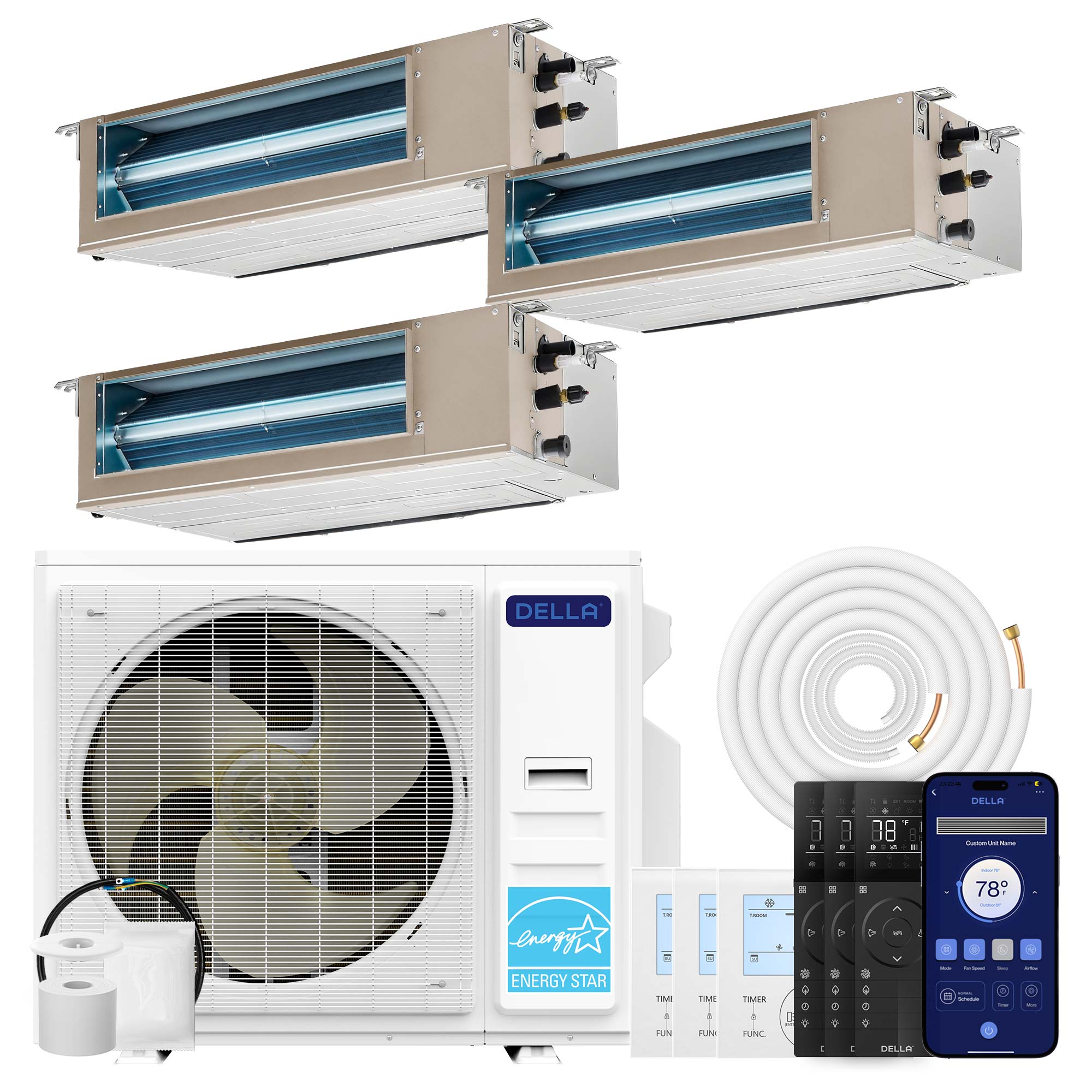 34K BTU 3 Zone (9,500+17,000+17,000 BTU) Ducted Mini Split AC
