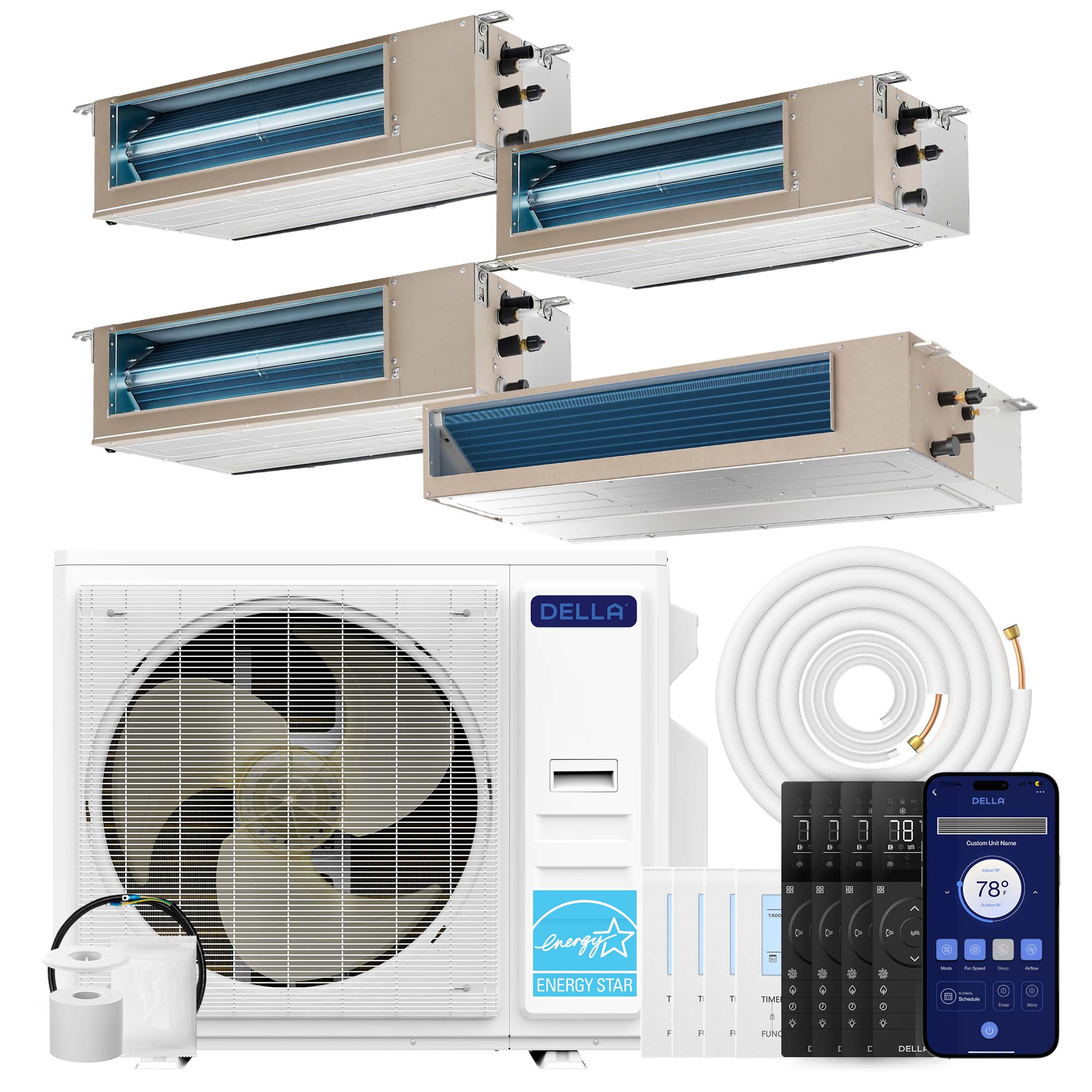 41K BTU 4 Zone (9500+11000+11000+22000 BTU) Ducted Mini Split AC