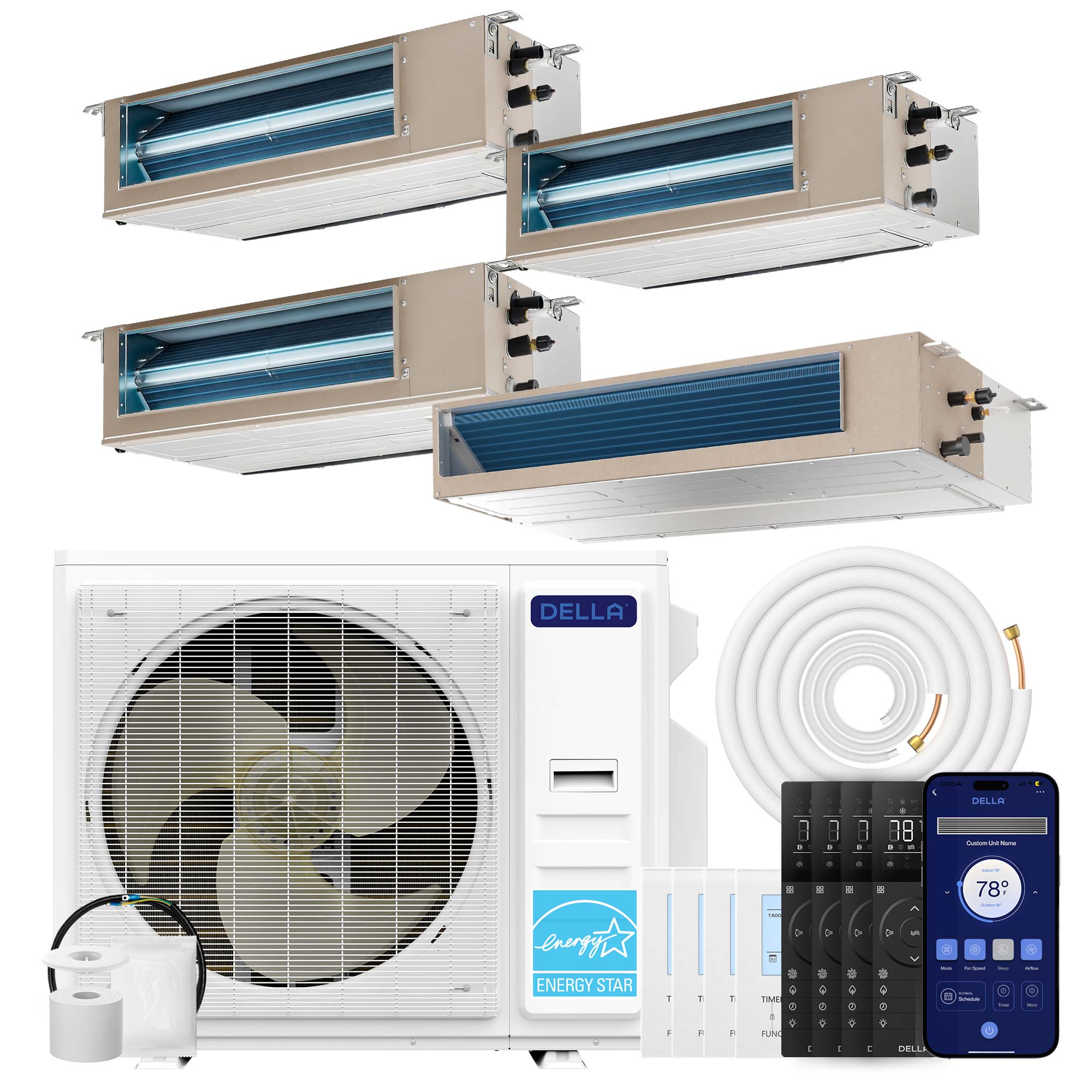 41K BTU 4 Zone (9500+9500+9500+22000 BTU) Ducted Mini Split AC