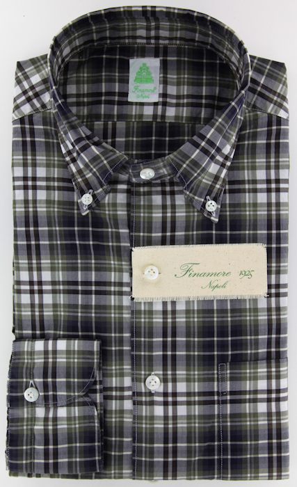 Size Large 17.5 Finamore Napoli Brown Plaid Button Down Spread Collar 100% Cotton Size Large 17.5 Finamore Napoli Brown Plaid Button Down Spread Collar 100% Cotton
