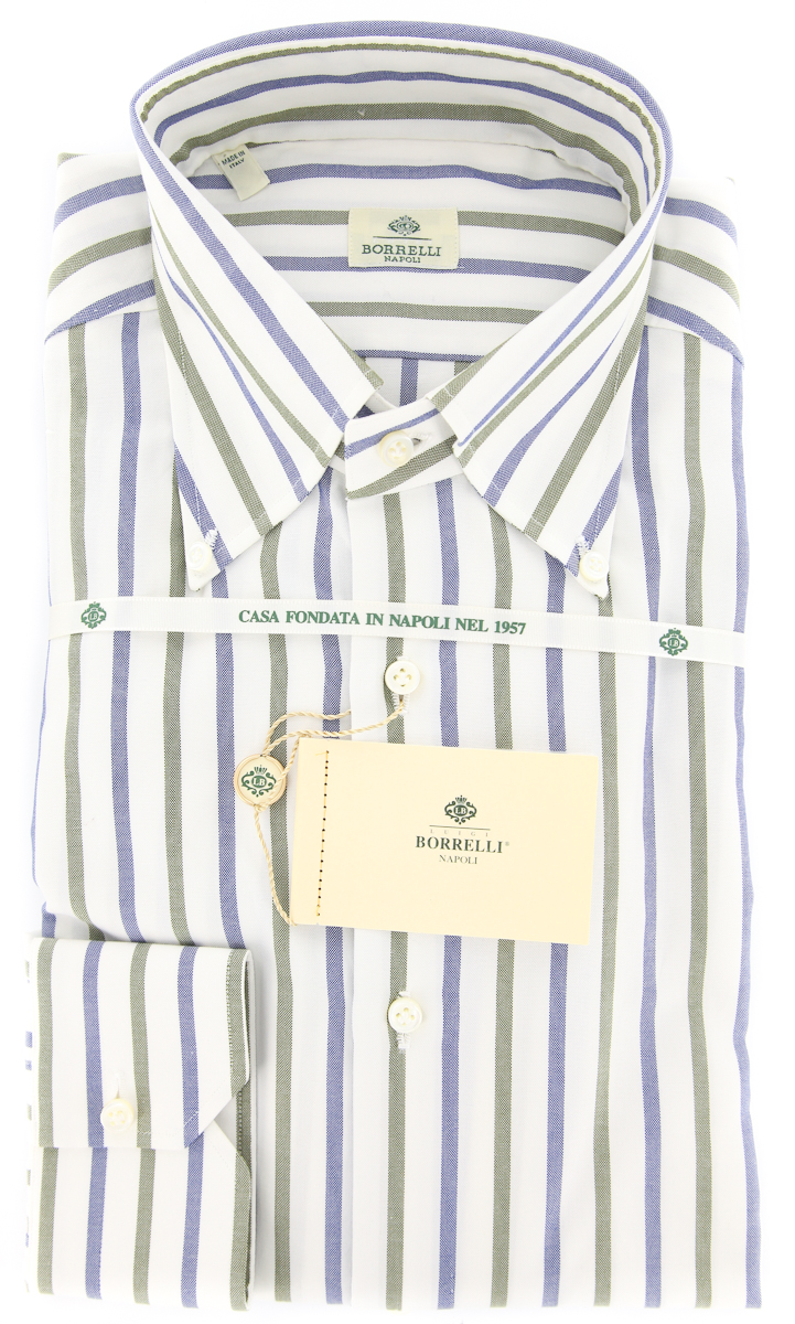 Size Small 15 Luigi Borrelli Green Stripes Button-Down Collar Linen Slim Fit Dress Shirt