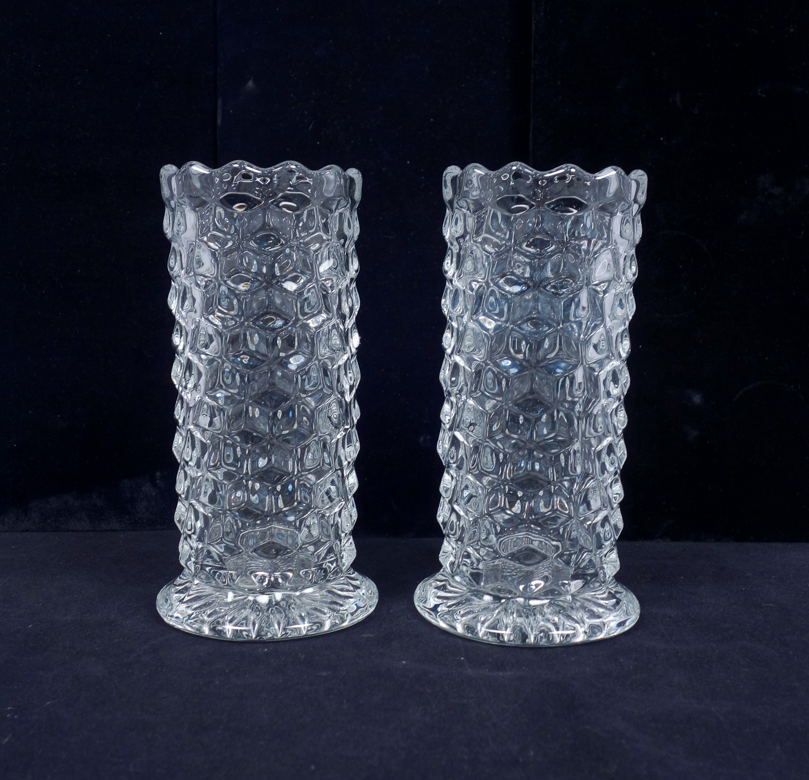 Pair 1940s/50s Fostoria American Pattern Cylindrical Glass Flower Vases