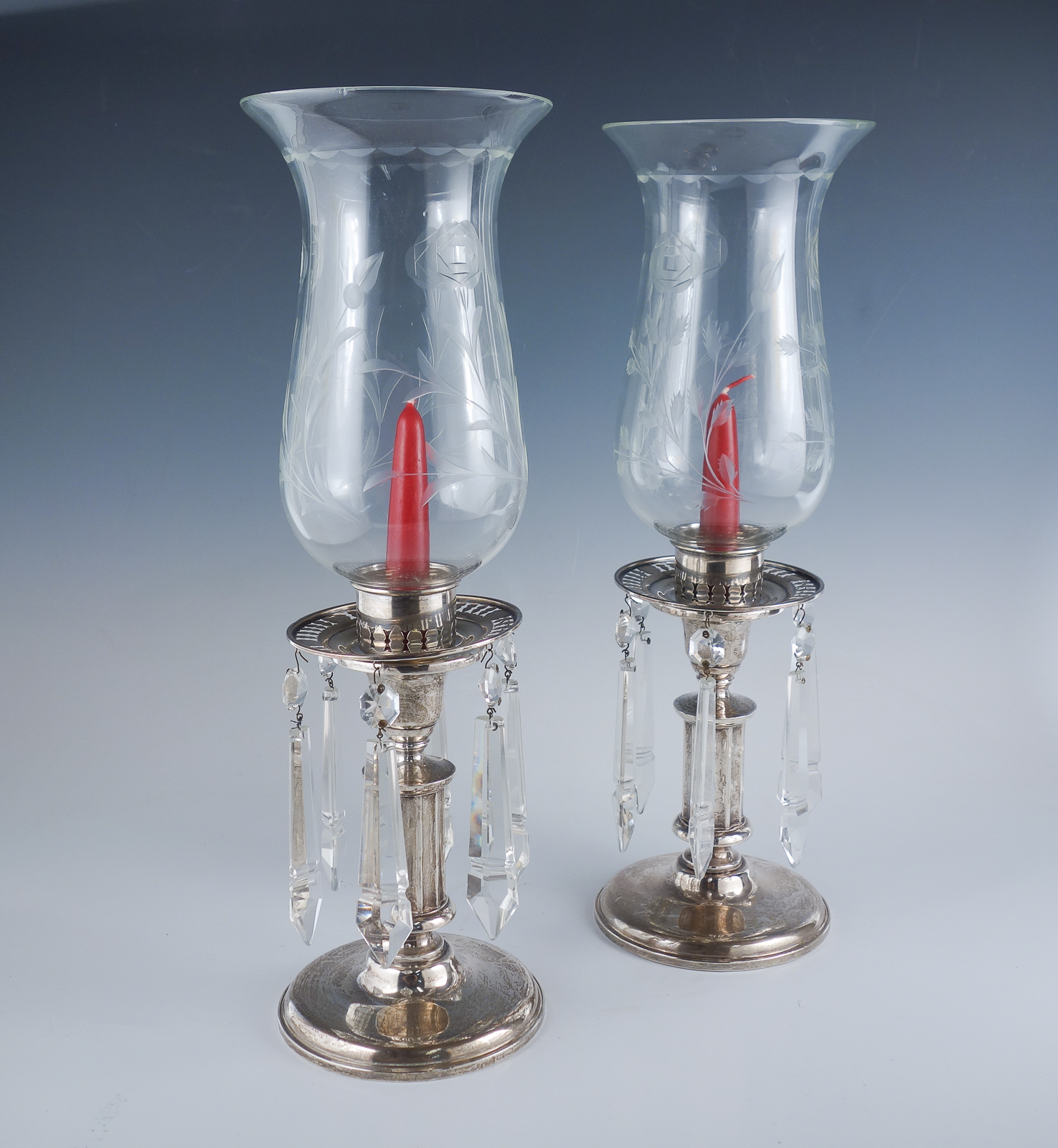 Pair Black Starr Gorham Sterling Silver Cut Glass Prism Hurricane