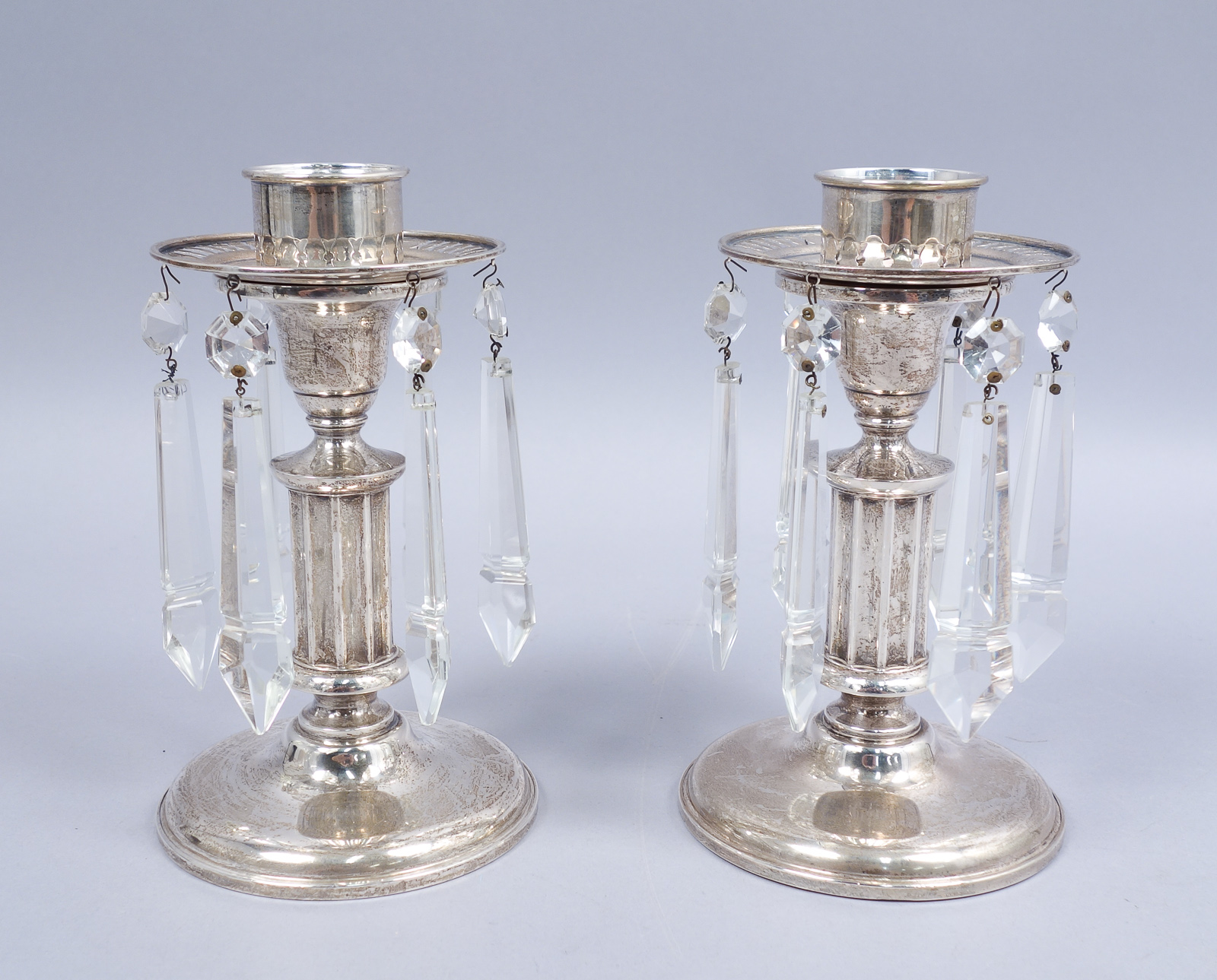 Pair Black Starr Gorham Sterling Silver Cut Glass Prism Hurricane