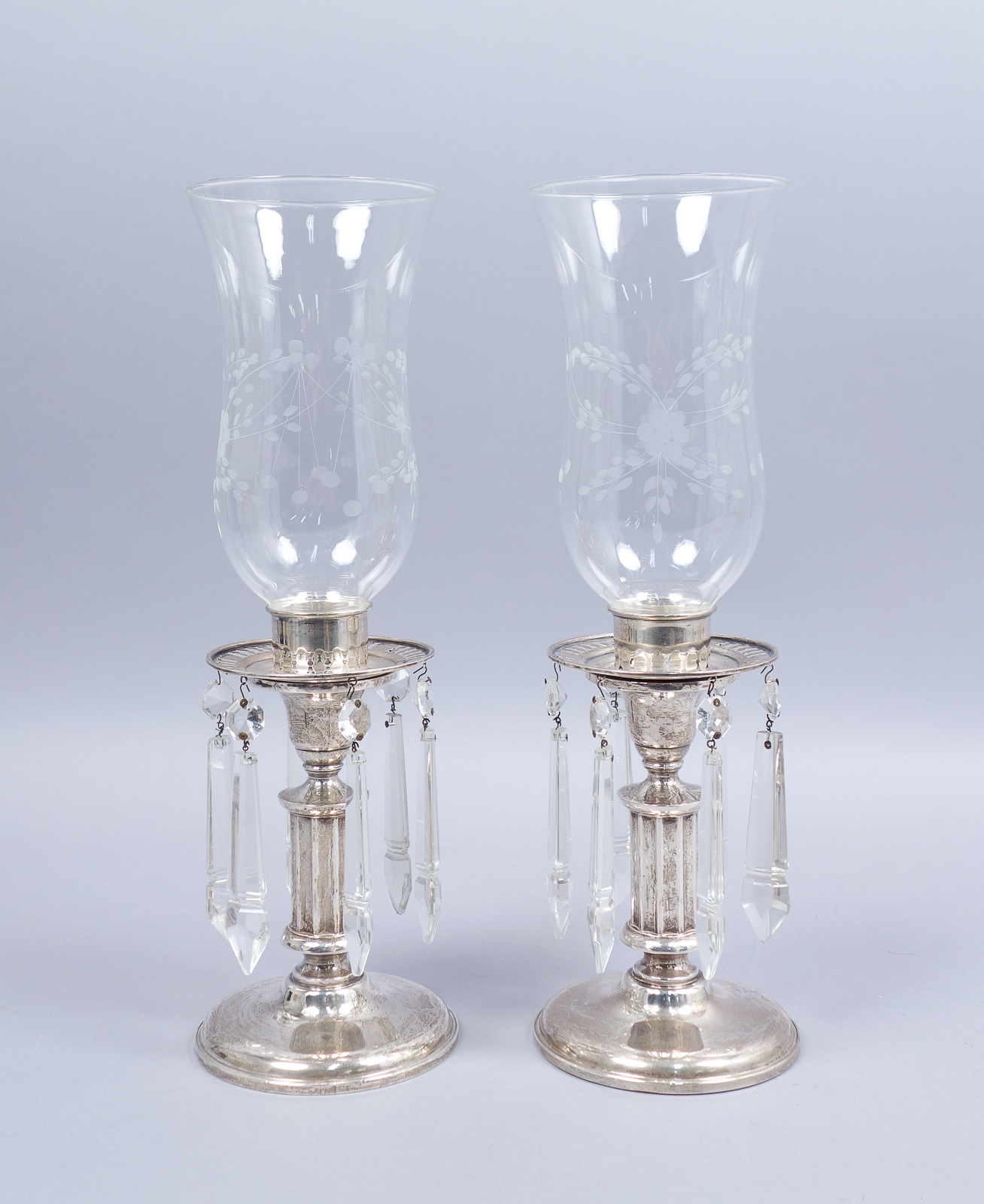 Pair Black Starr Gorham Sterling Silver Cut Glass Prism Hurricane