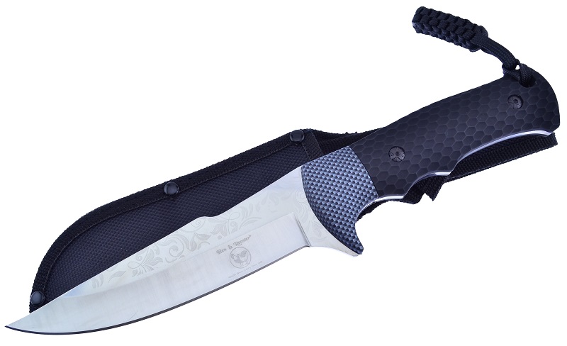 Hen & Rooster Textured Black Rubber Scrolled Fixed Blade Hunter Stainless Knife