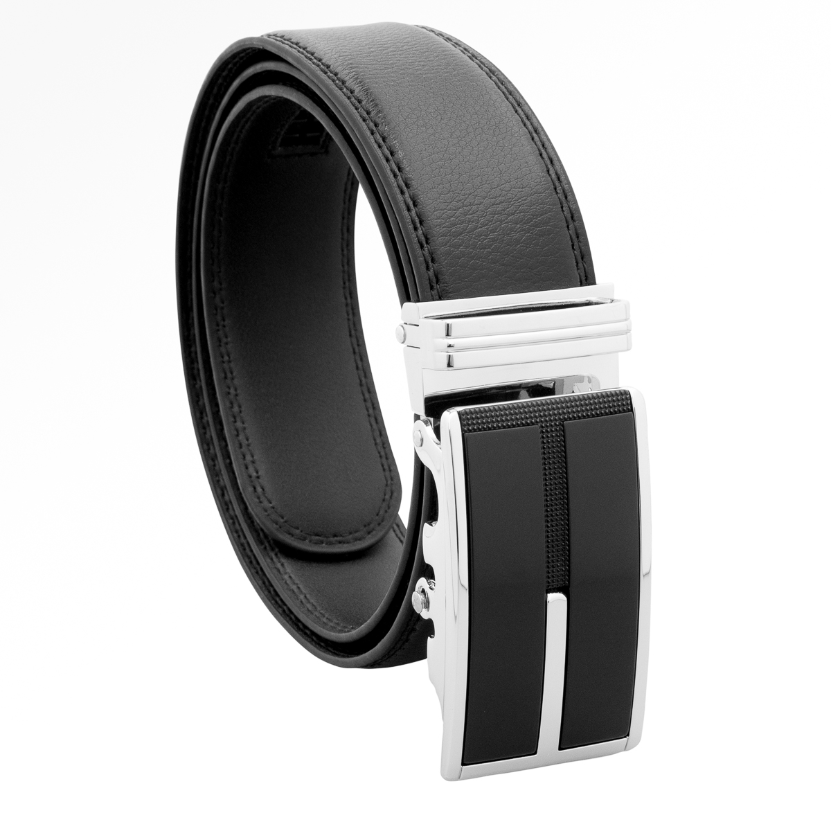 Mens Black Designer Leather Dress Belt Sliding Ratchet Automatic Buckle Holeless