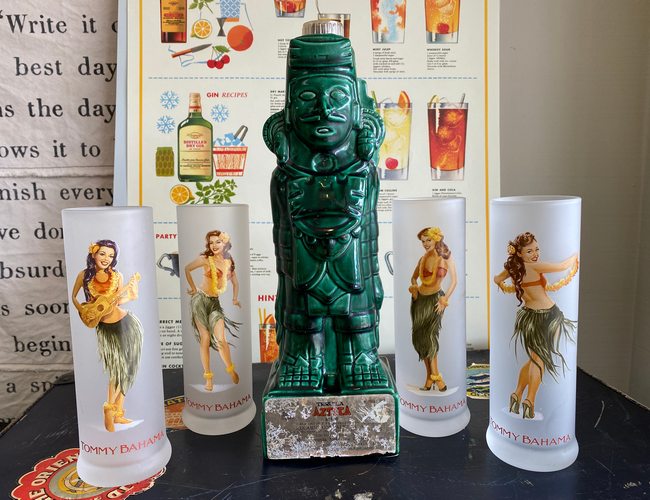 Vintage Aztec Green Warrior Figurine Pottery Bottle Barware TIki