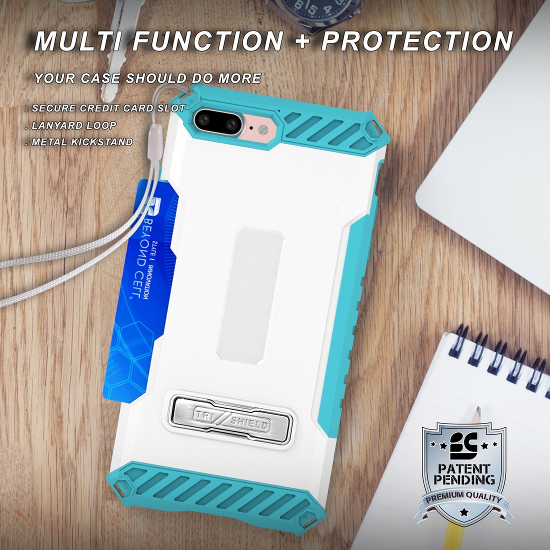 TRI-SHIELD RUGGED CASE CREDIT CARD SLOT COVER + STRAP FOR iPHONE 8 PLUS, 7PLUS - Picture 25 of 27