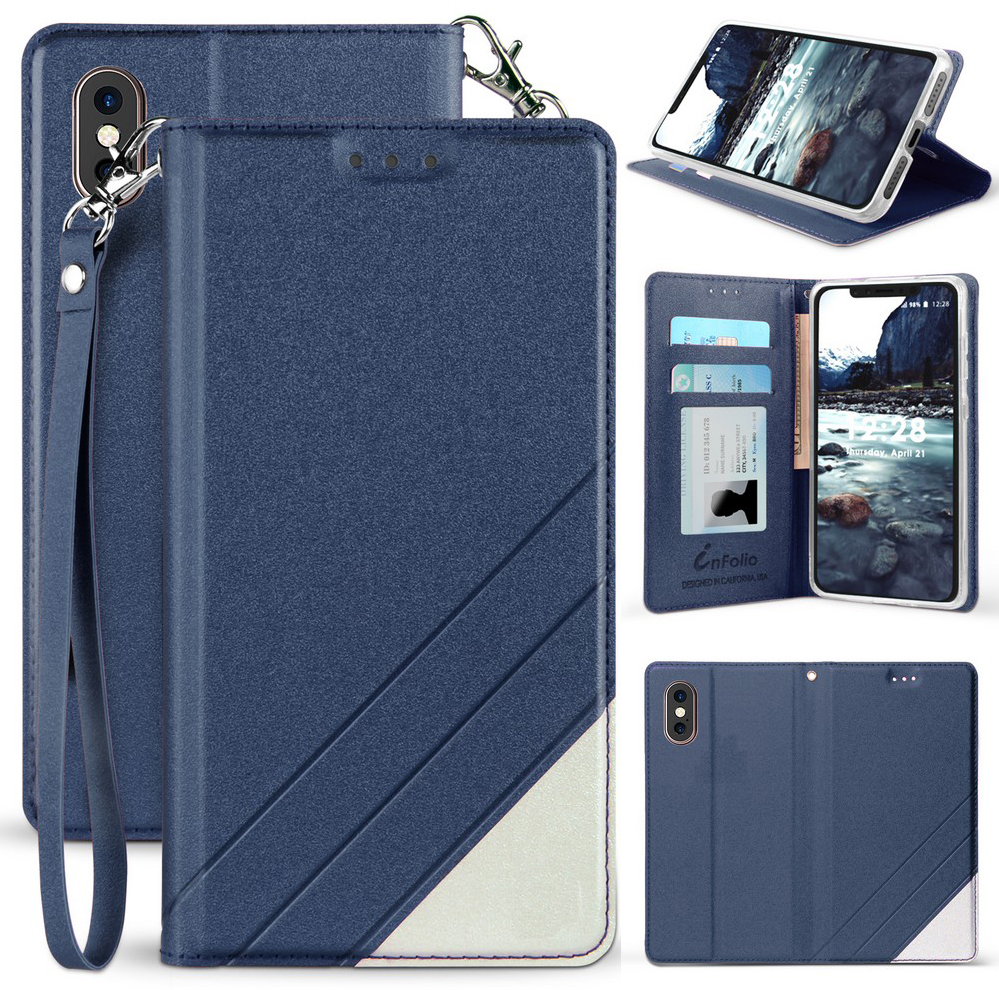 Folio Wallet Case ID Slot Cover Stand + Wrist Strap for Apple iPhone Xs Max 6.5""