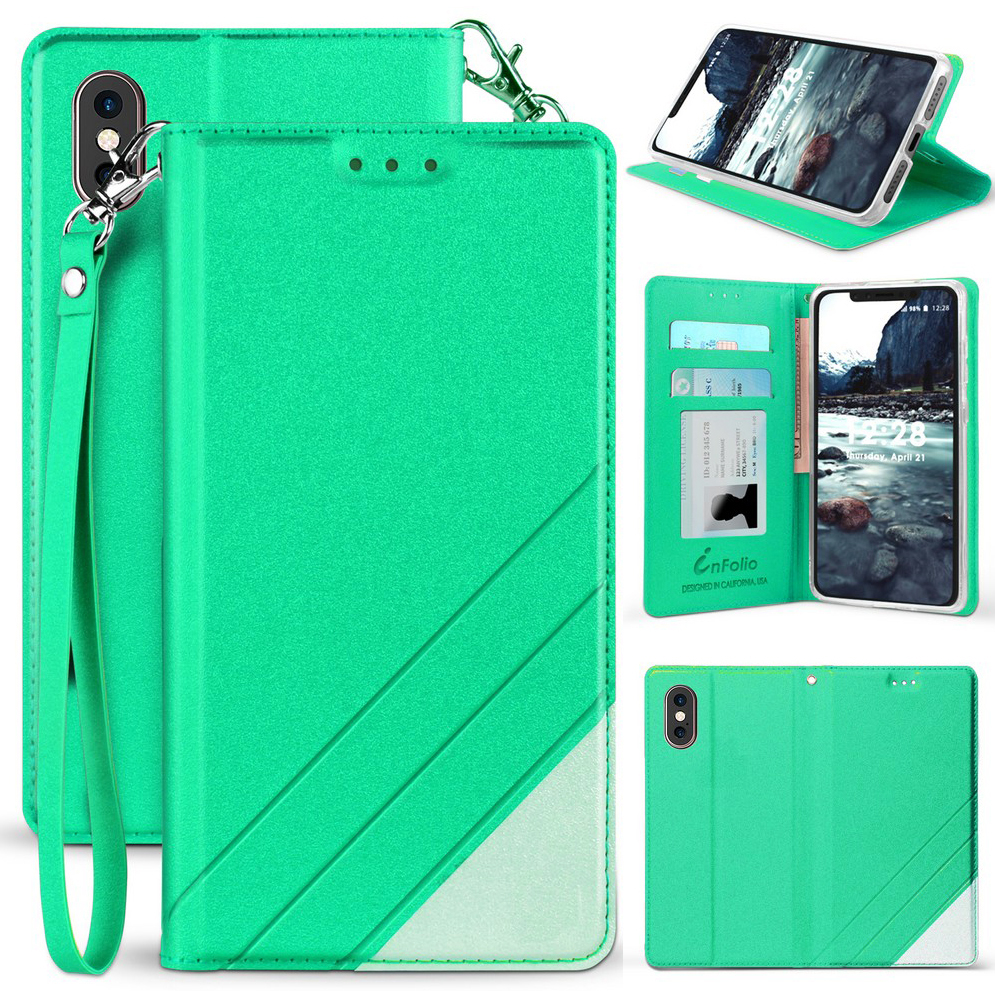 Folio Wallet Case ID Slot Cover Stand + Wrist Strap for Apple iPhone Xs Max 6.5""