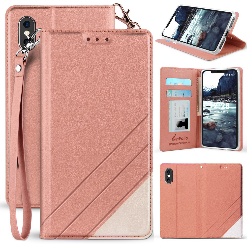 Folio Wallet Case ID Slot Cover Stand + Wrist Strap for Apple iPhone Xs Max 6.5""