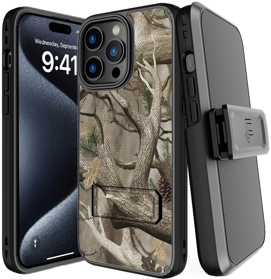 Rugged Hybrid Case w/ Stand and Belt Clip Holster Combo for iPhone 15 Pro Max
