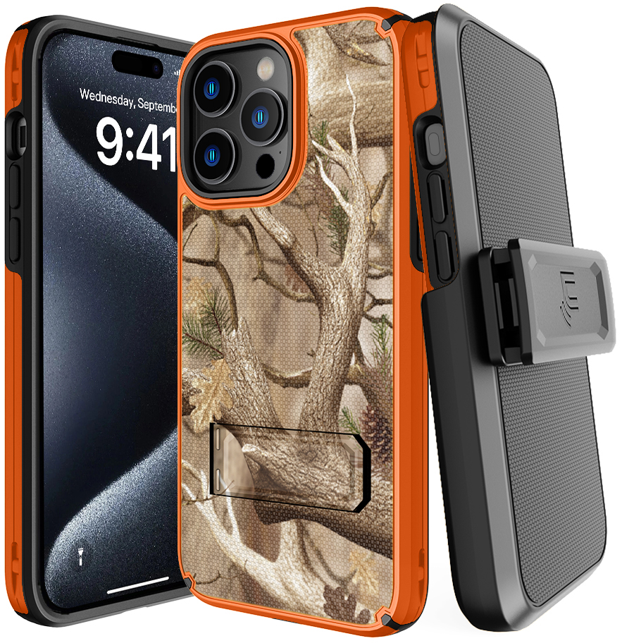 Rugged Hybrid Case w/ Stand and Belt Clip Holster Combo for iPhone 15 Pro Max