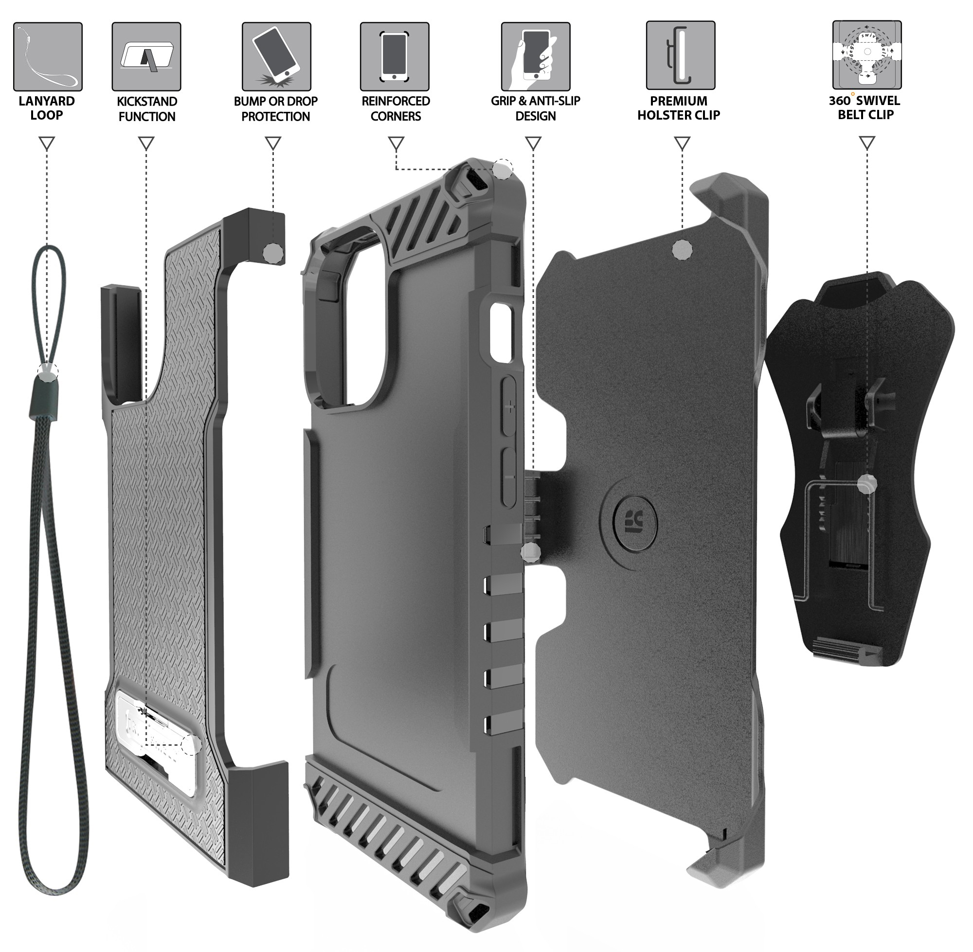 Tri-Shield Rugged Case with Stand + Belt Clip Holster + Strap for iPhone 13 Pro