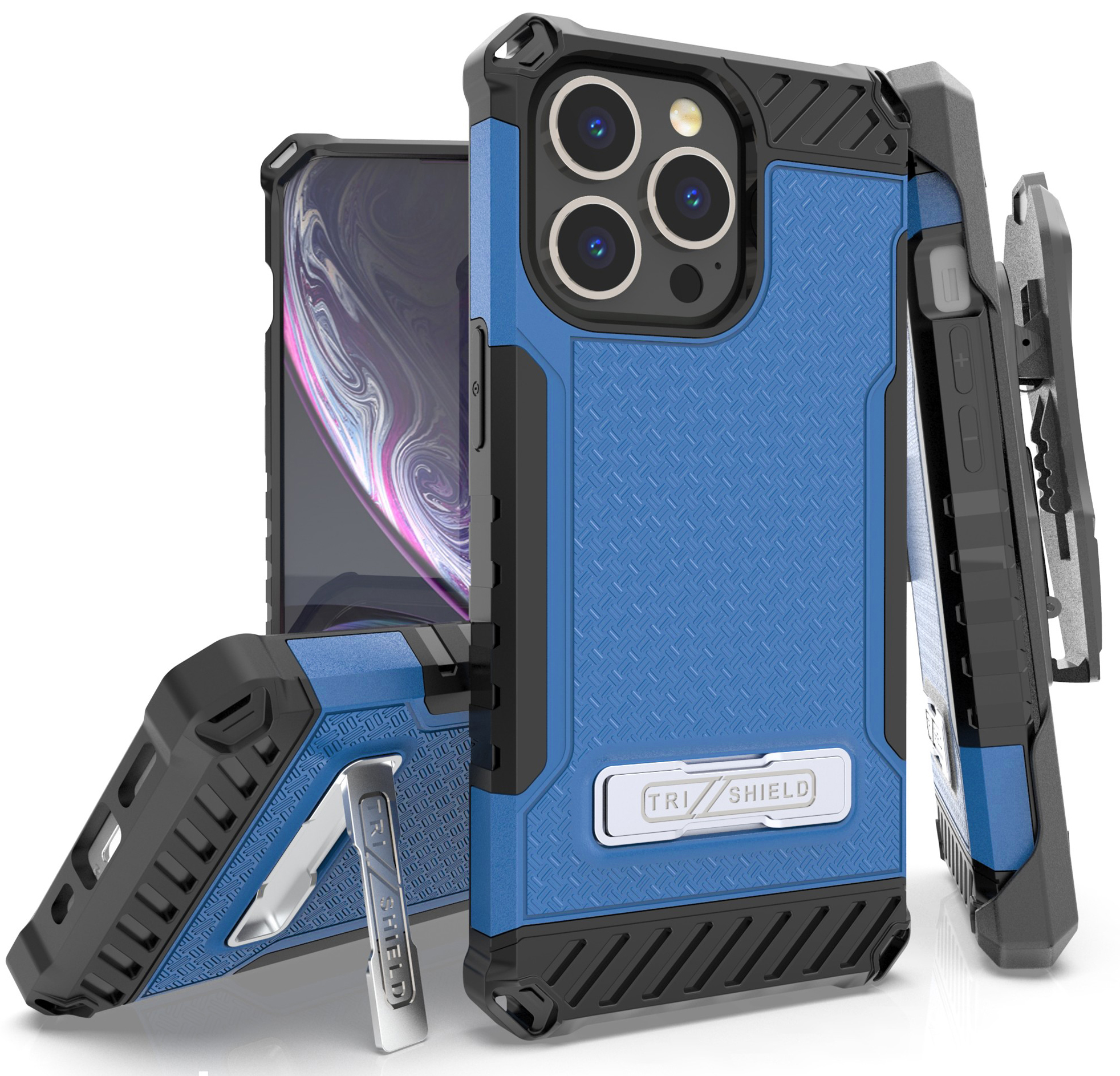 Tri-Shield Rugged Case with Stand + Belt Clip Holster + Strap for iPhone 13 Pro
